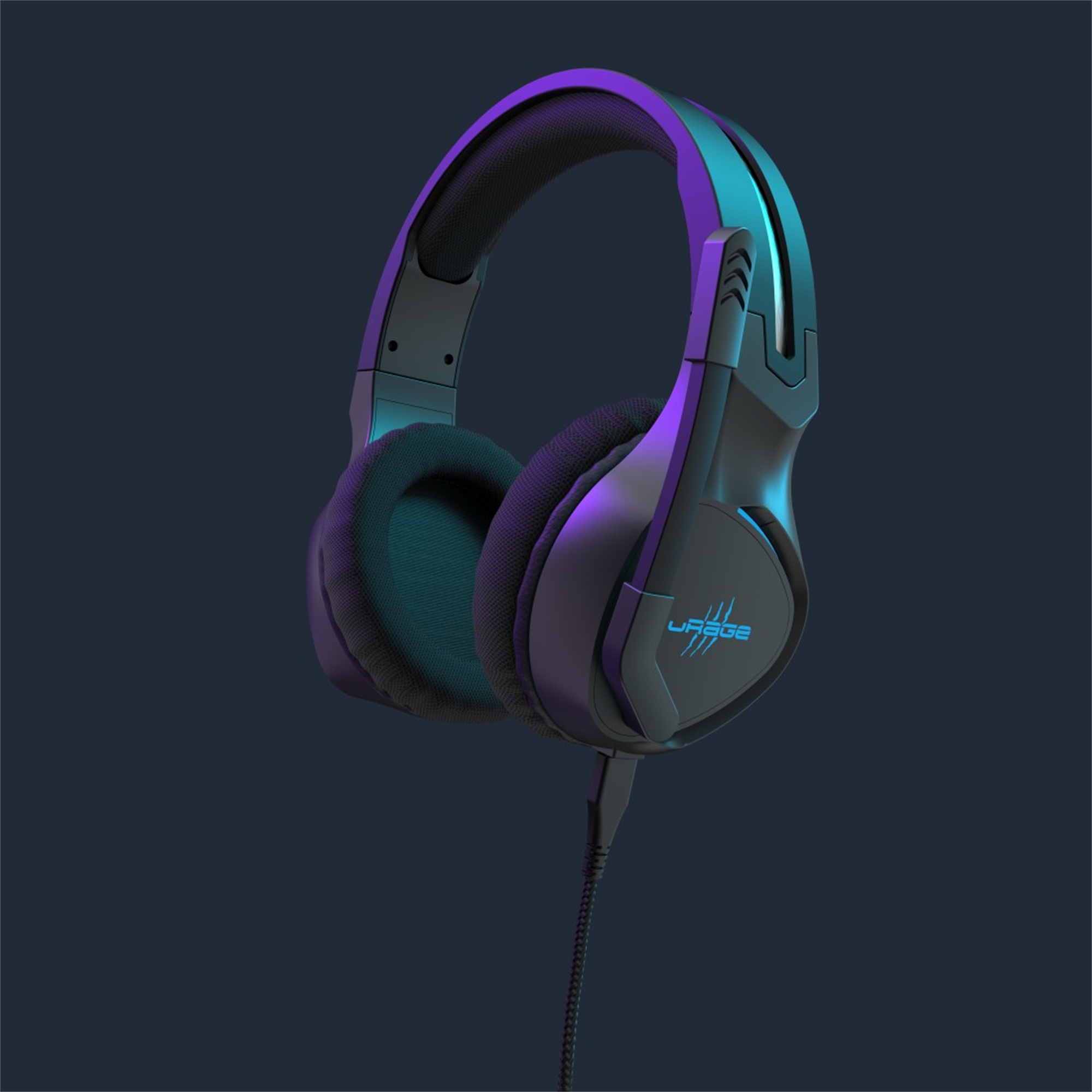 Cuffie da gaming nere. Design over-ear con il logo 'URBOS' e un cavo.