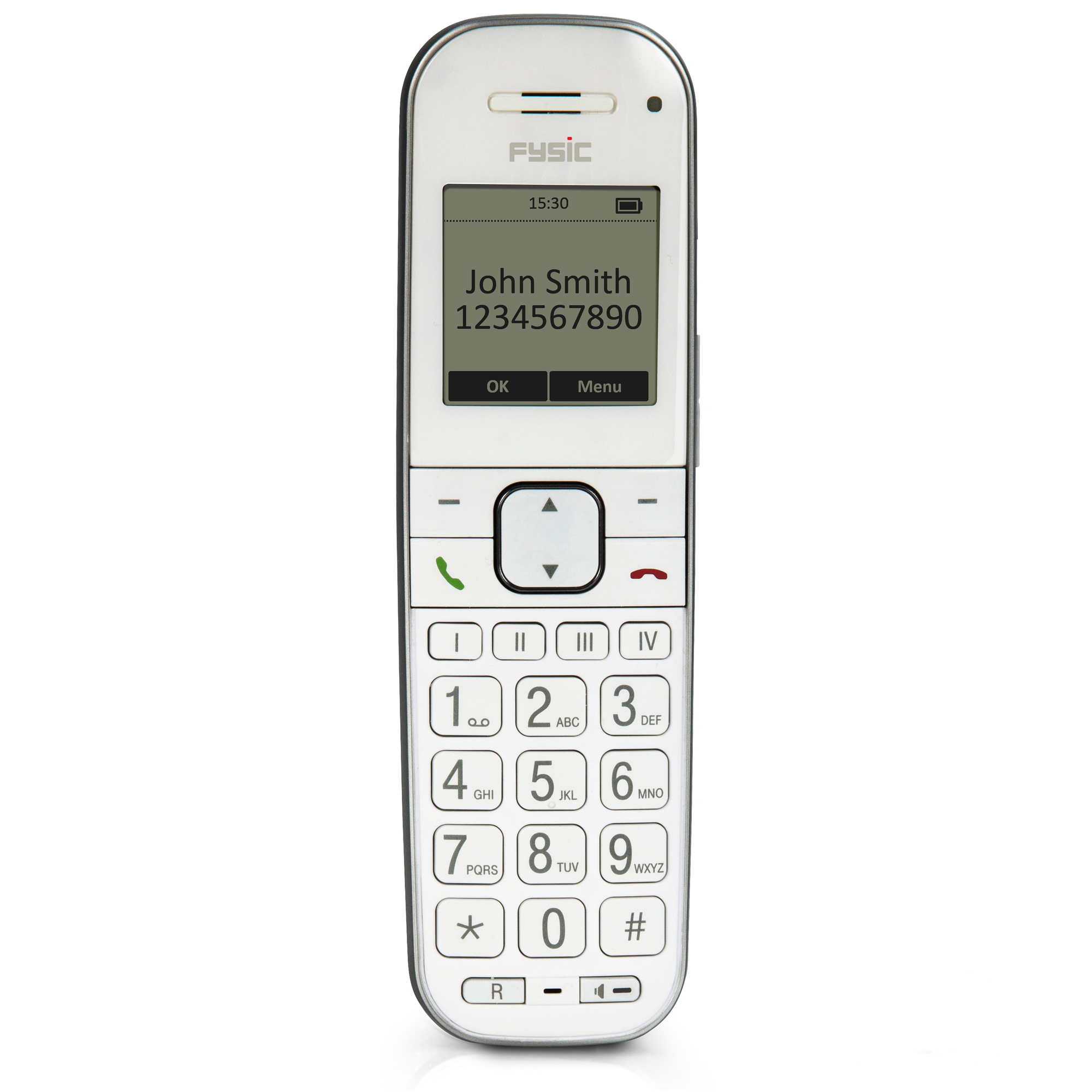 Weißes schnurloses Telefon mit Namen und Nummer. Tasten darunter, mit Zahlen und Funktionen.
