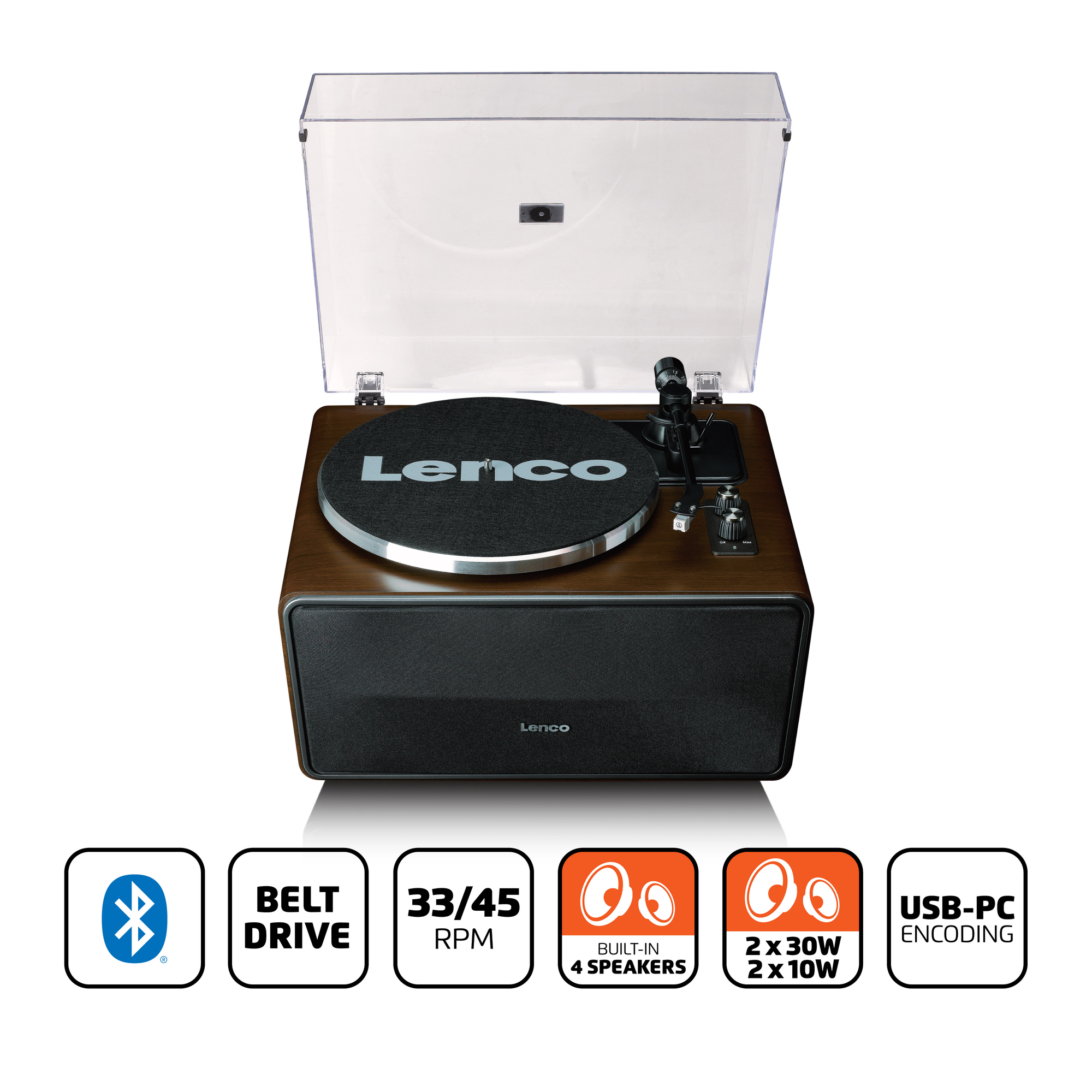 A wooden record player with a clear cover and icons on a white background.
