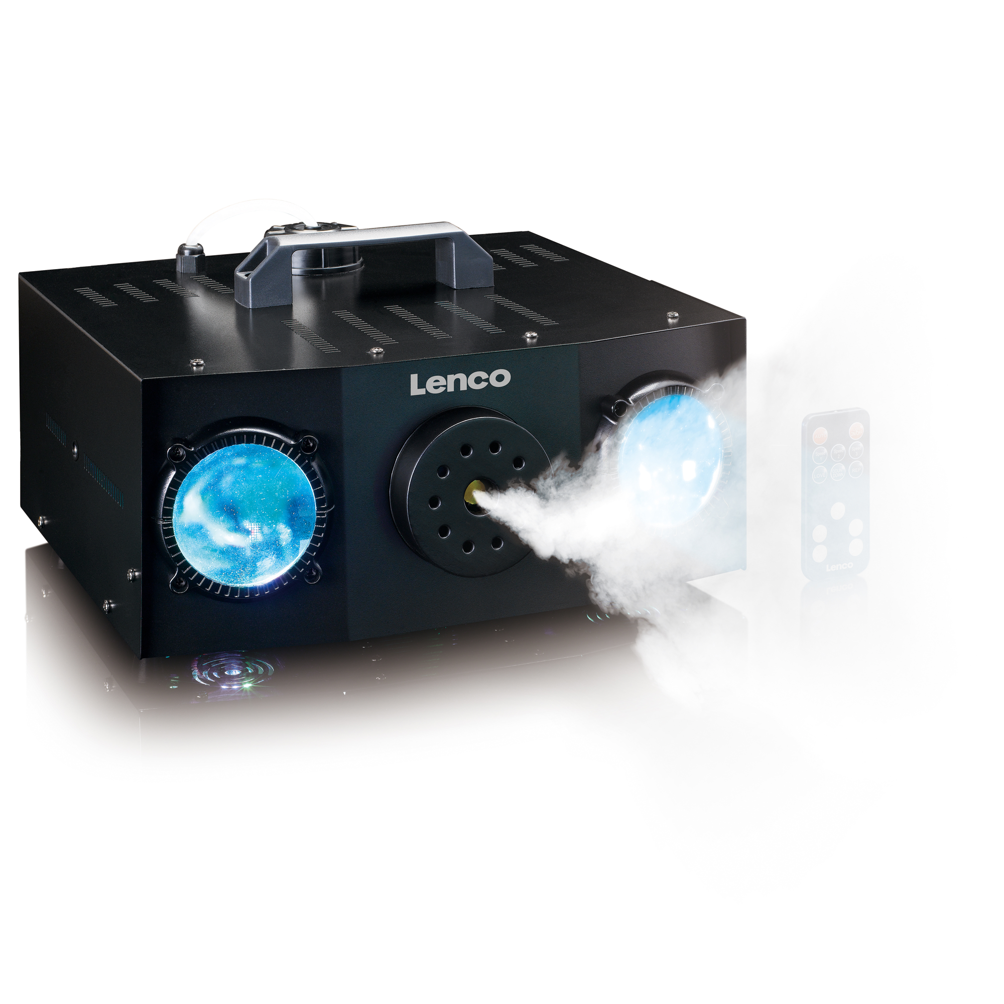 Eine schwarze Lenco-Nebelmaschine mit blauen Lichtern und einer Fernbedienung im Hintergrund.