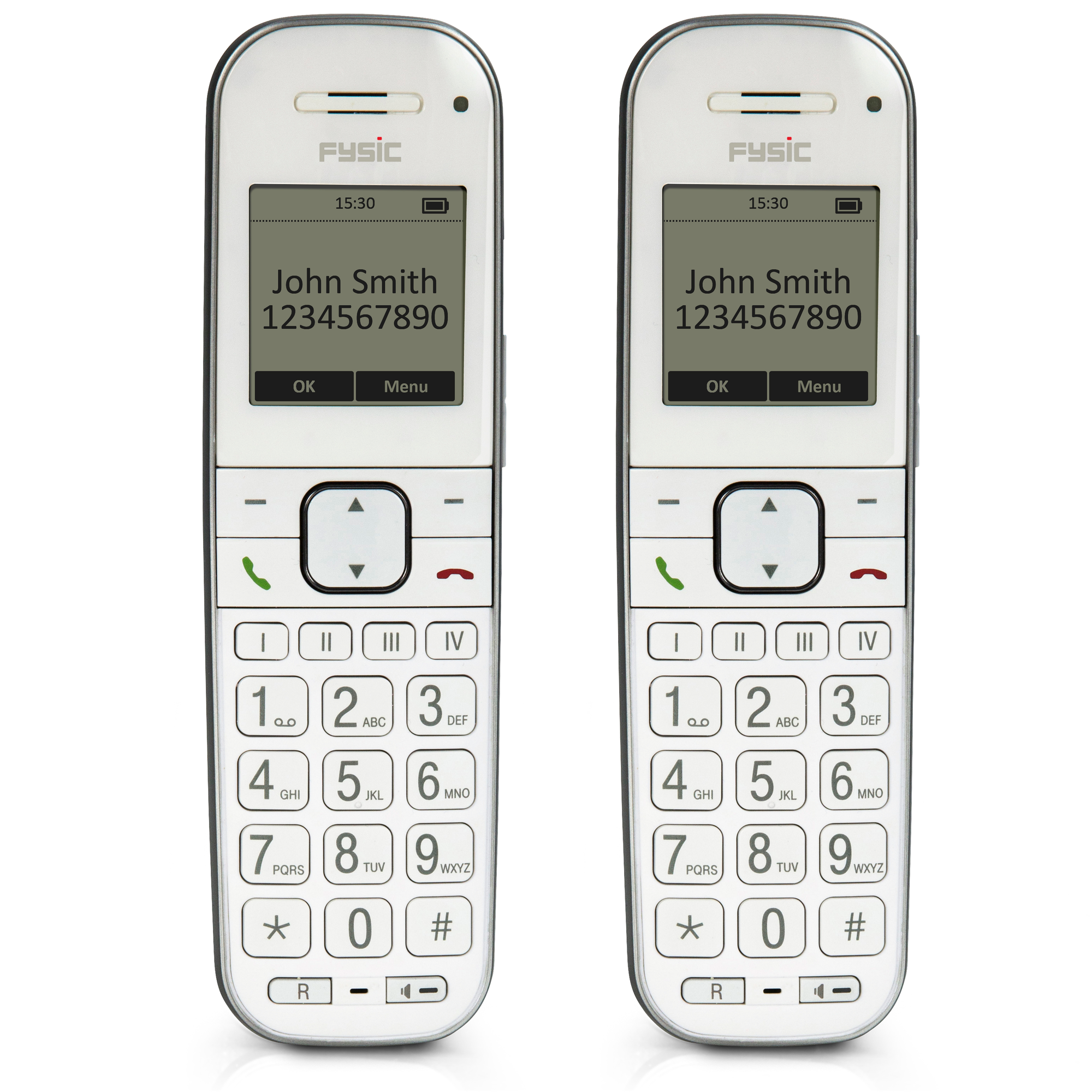 Zwei weiße Telefone mit Bildschirmen und Tastatur.