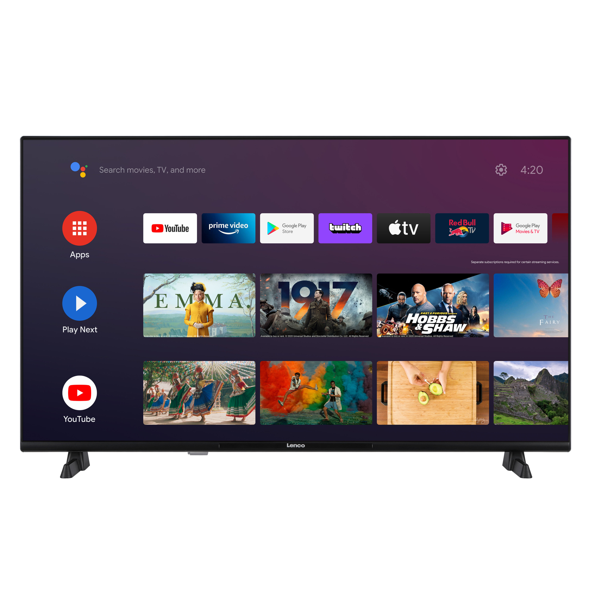 Een Lenco smart TV die app-iconen, films en de tijd toont. Het scherm heeft een zwart frame.