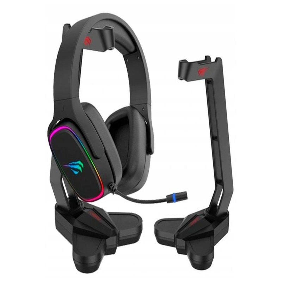 Cuffie da gioco nere con supporto. Le cuffie hanno un microfono e luci RGB.