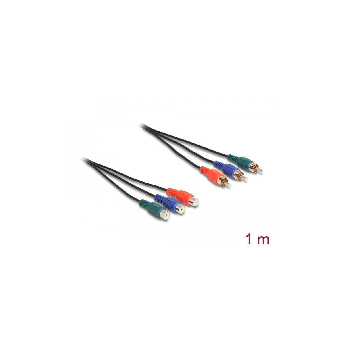 Cavi audio con jack rosso, blu e verde. Cavo nero con testo 1 m su sfondo bianco.