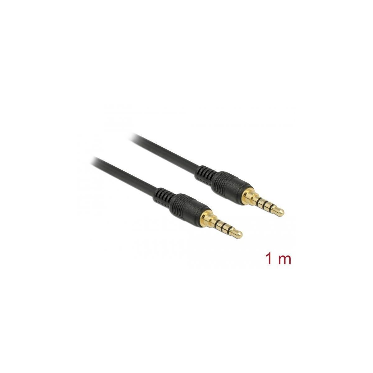Zwei schwarze Audiokabel mit goldfarbenen Steckern liegen auf weißem Hintergrund. Ein 1m-Etikett ist sichtbar.