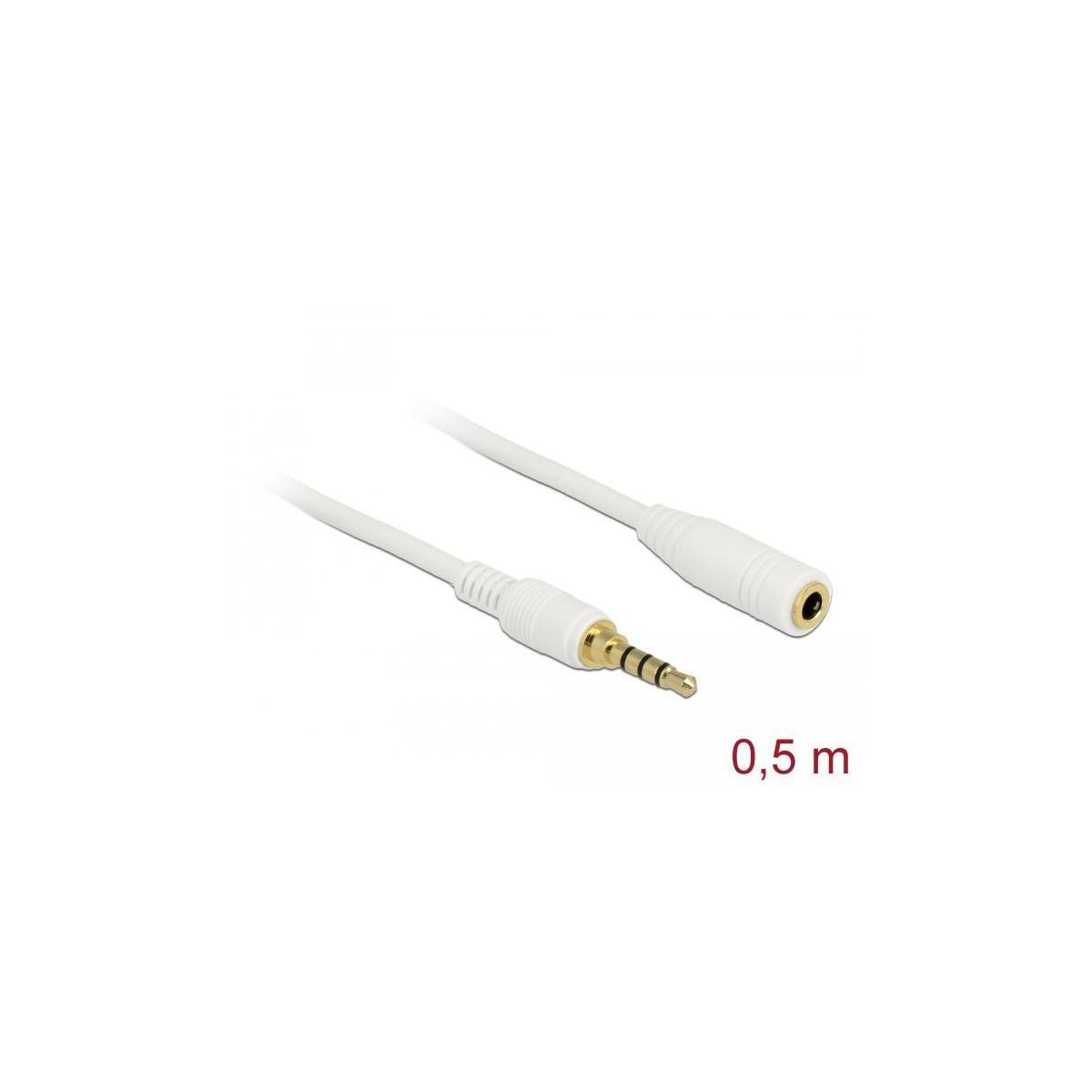 Weißes Audiokabel mit 3,5-mm-Klinkenstecker und 3,5-mm-Buchse. Text: 0,5 m.