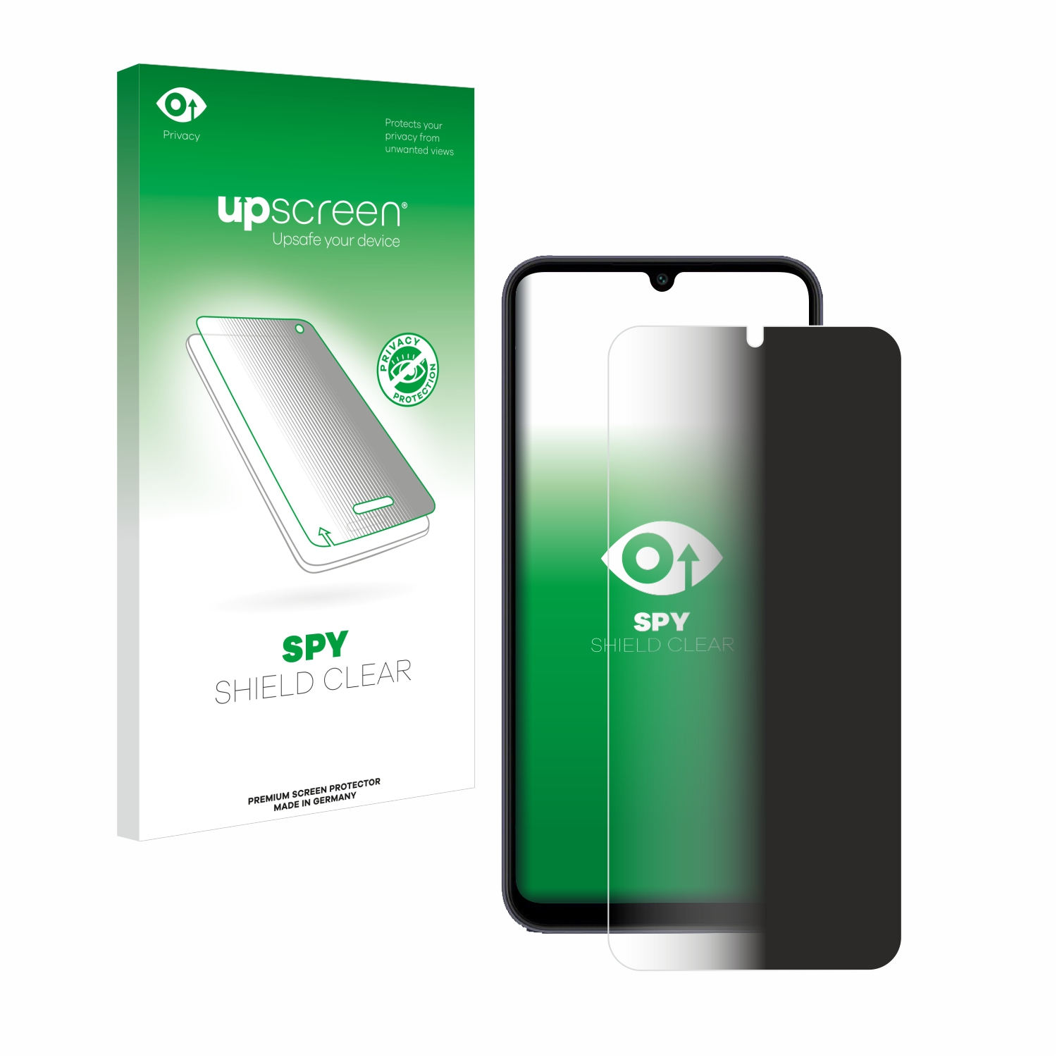 Displayschutz-Set mit Telefon, Verpackung und dunklem Sichtschutzfilter.