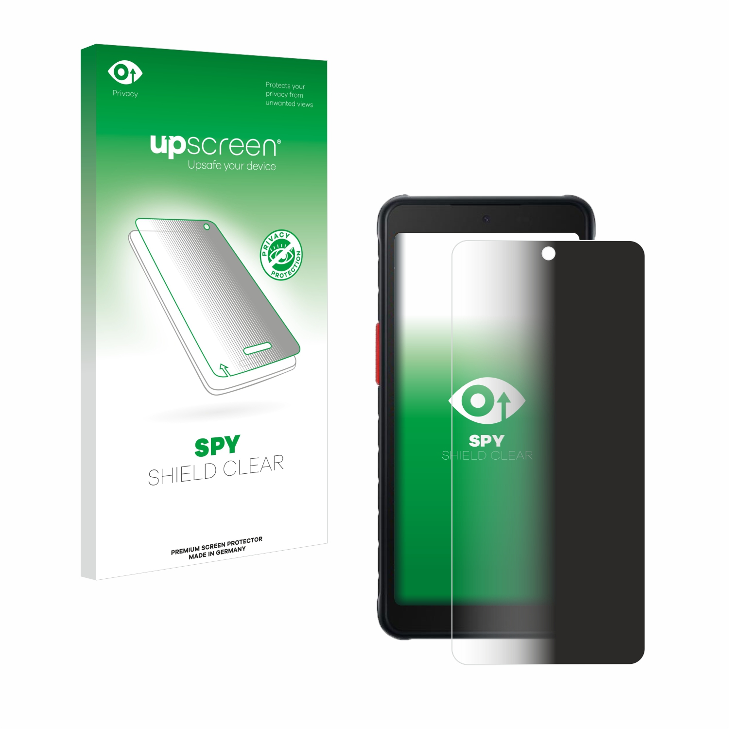 Eine schwarze Displayschutzfolie auf einem Telefon und eine Box mit Branding.