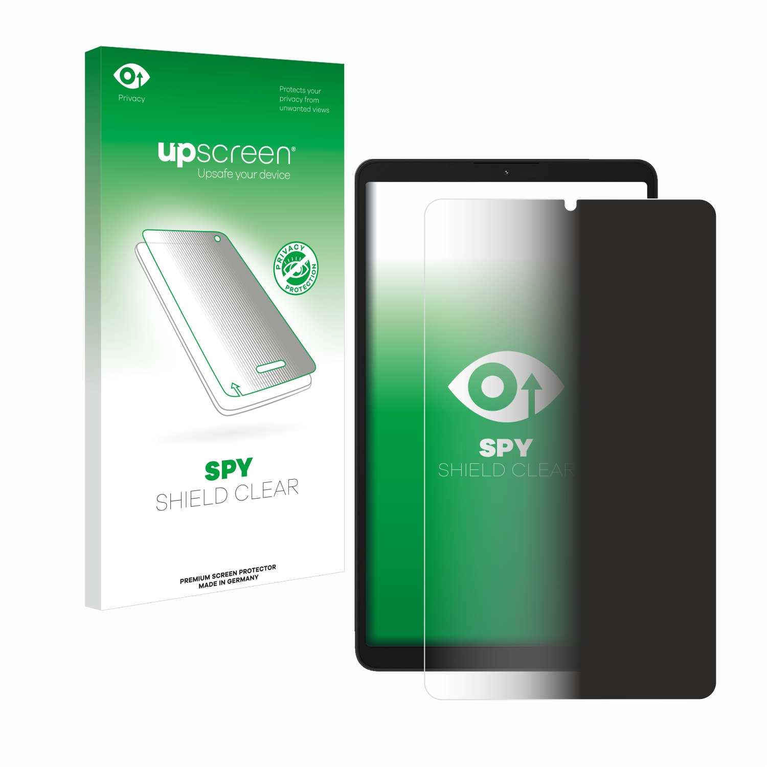 Tablet mit Sichtschutzfolie und Box. Box hat ein grünes und weißes Design, mit Text. Weißer Hintergrund.