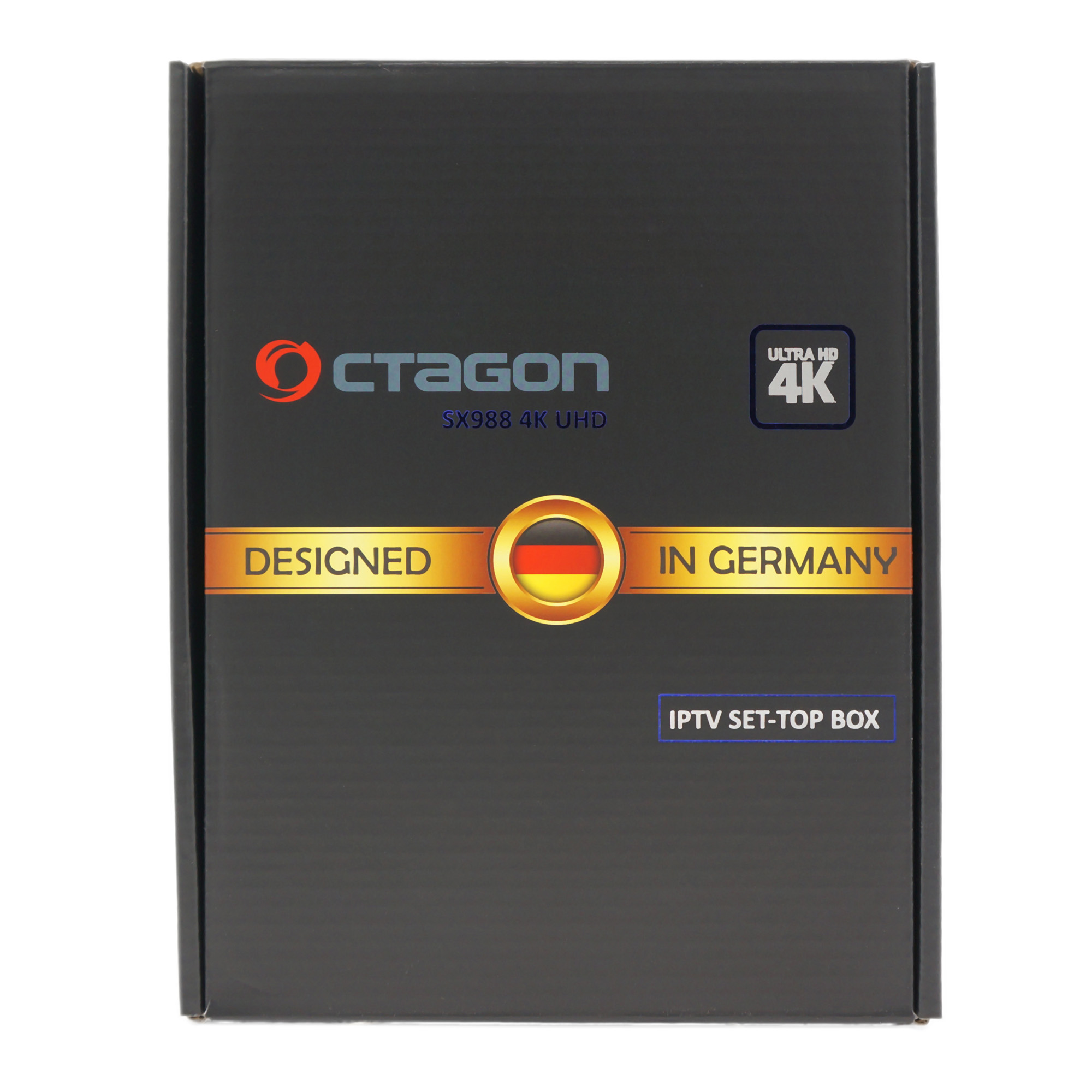 Schwarze Box mit „CTAGON“-Logo und „4K UHD“-Etikett. Sagt „DESIGNED IN GERMANY“.