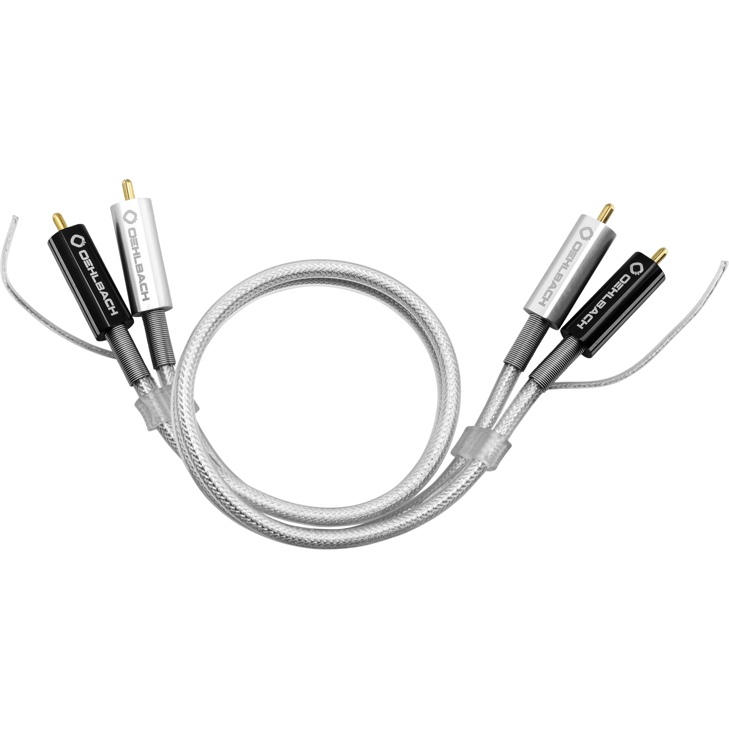 Zwei Audiokabel mit silberner geflochtener Abschirmung und schwarzen und weißen Steckern.