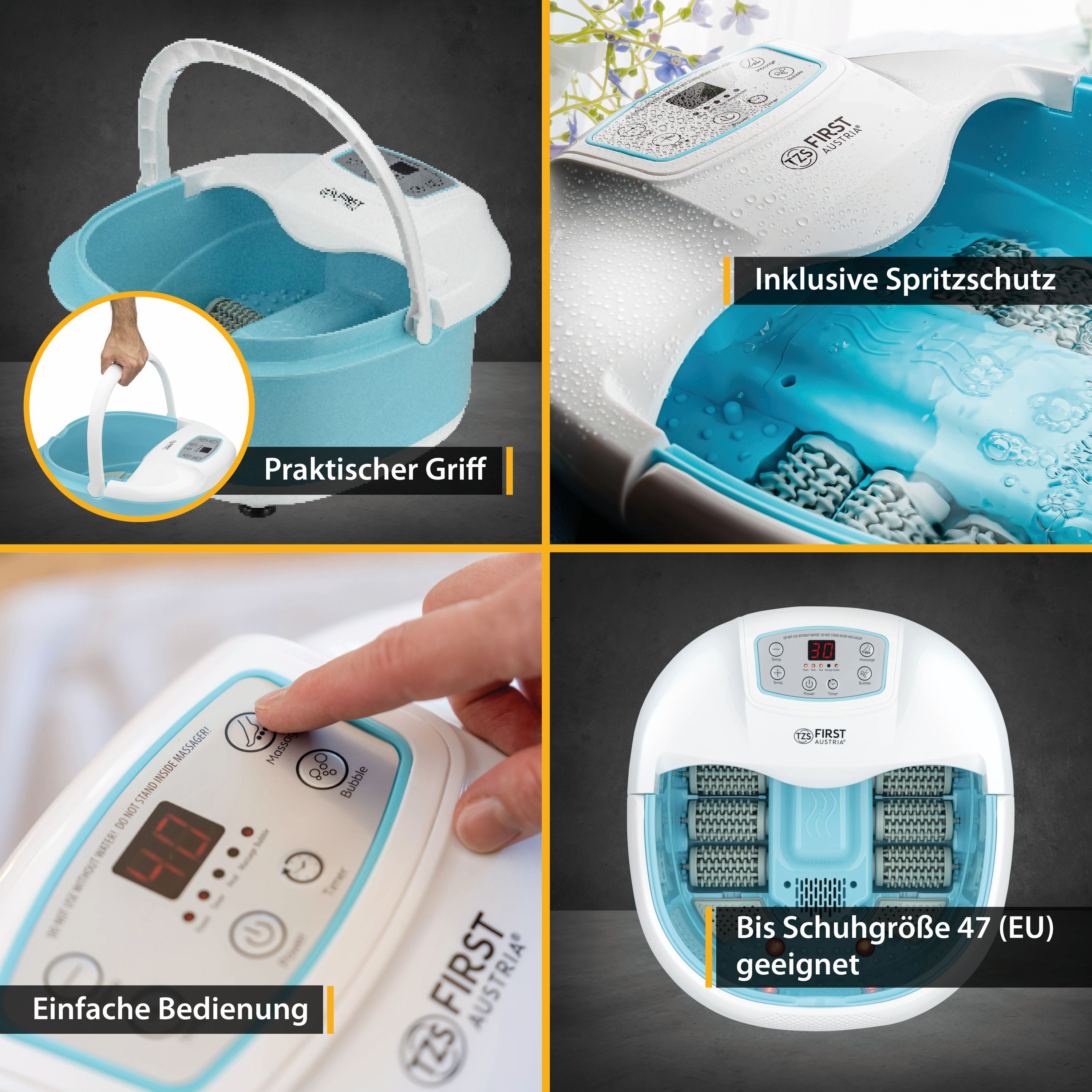 Fußbad mit blau-weißen Farben, mit Knöpfen für Funktion und Temperaturregelung.
