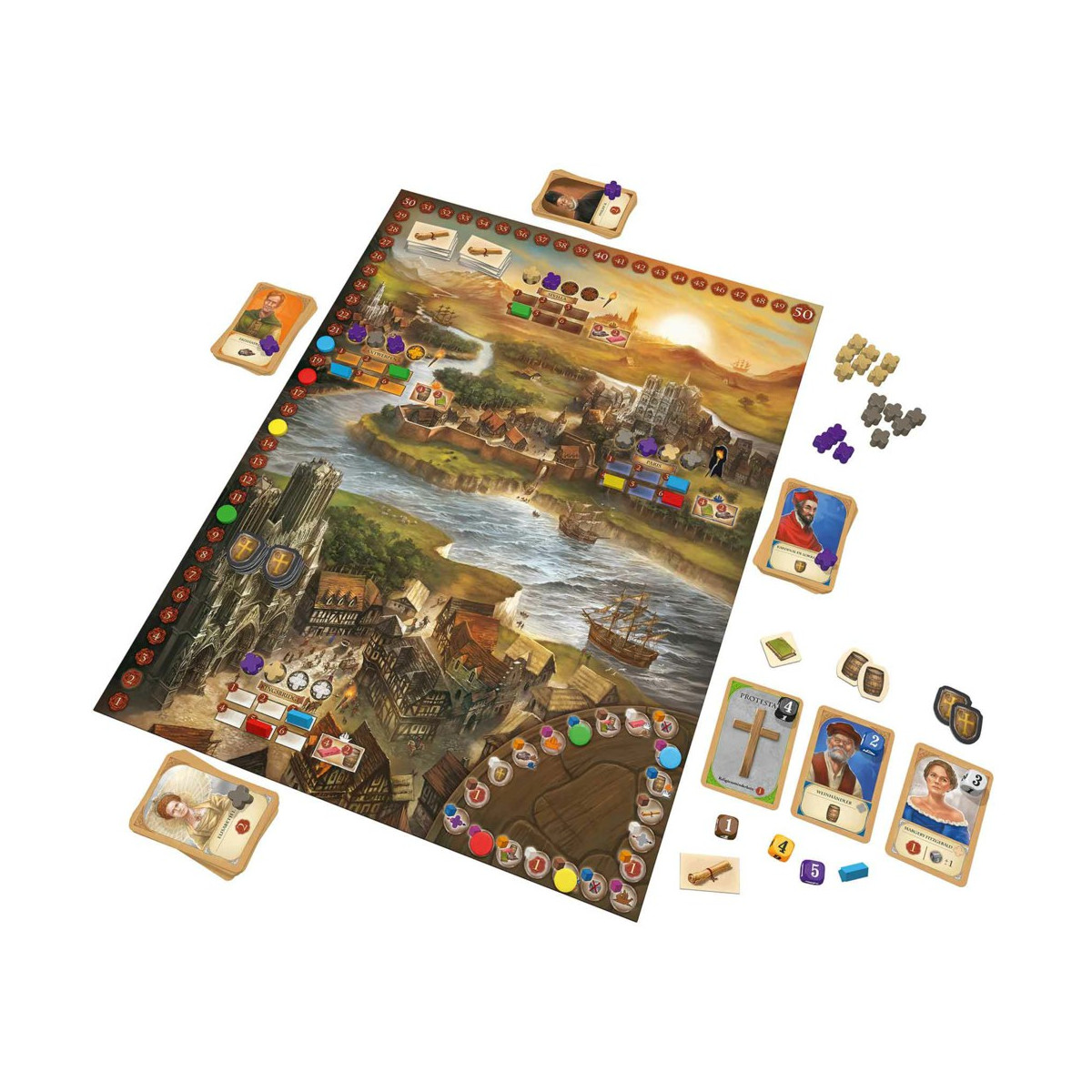 Brettspiel mit detaillierter Karte, Karten, Würfeln und Spielsteinen auf der Oberfläche verstreut. Hell beleuchtet.