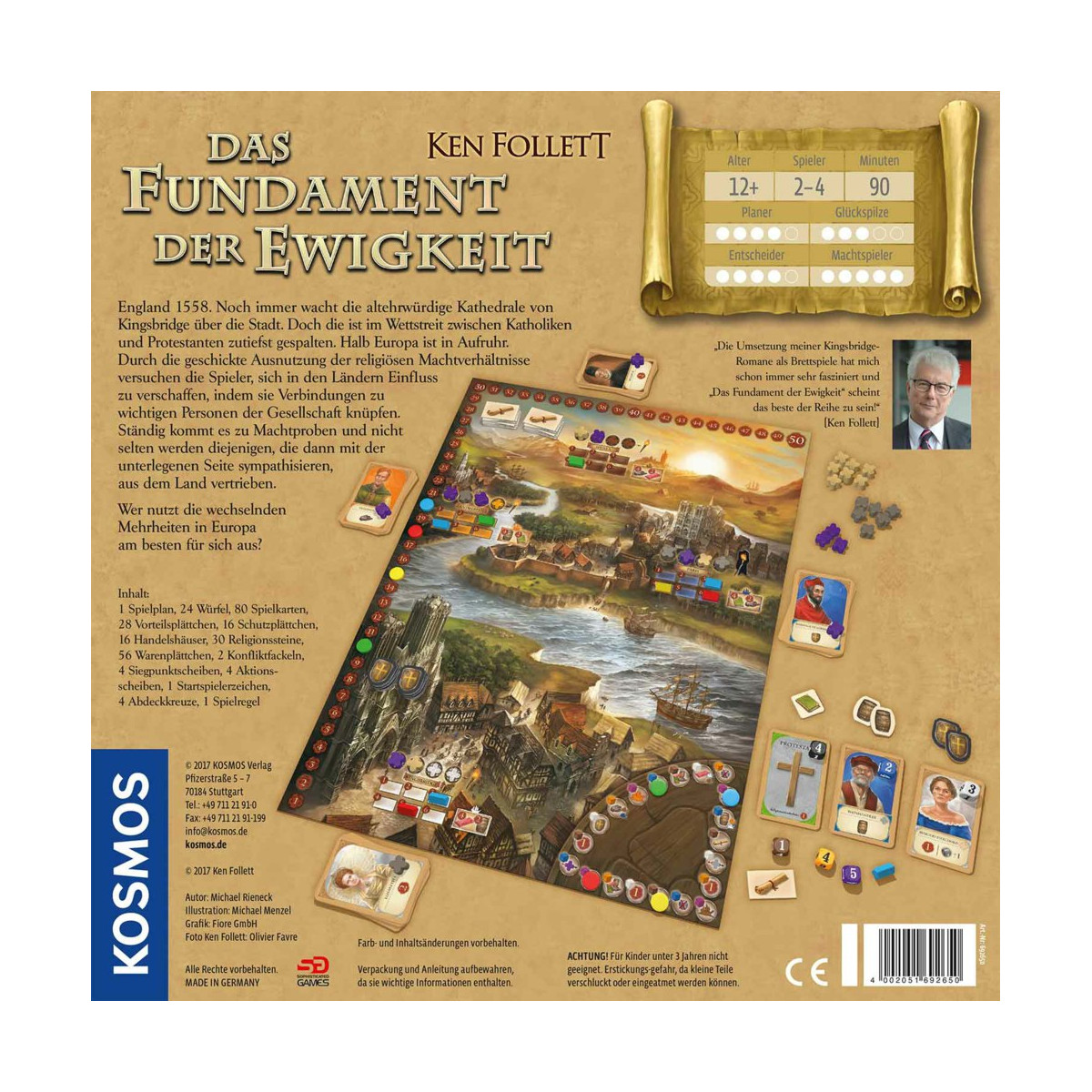Brettspielbox und Spielbrett mit Text und Illustrationen werden gezeigt.