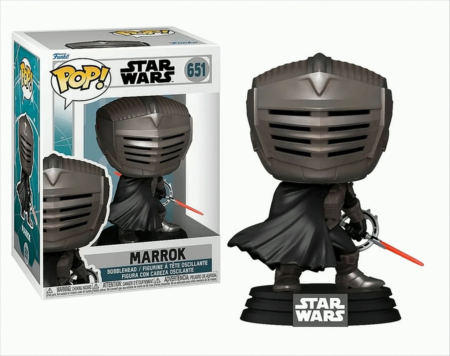 Star Wars Marrok Funko Pop figuur in en uit de doos. Figuur is grijs, heeft een rood lichtzwaard.
