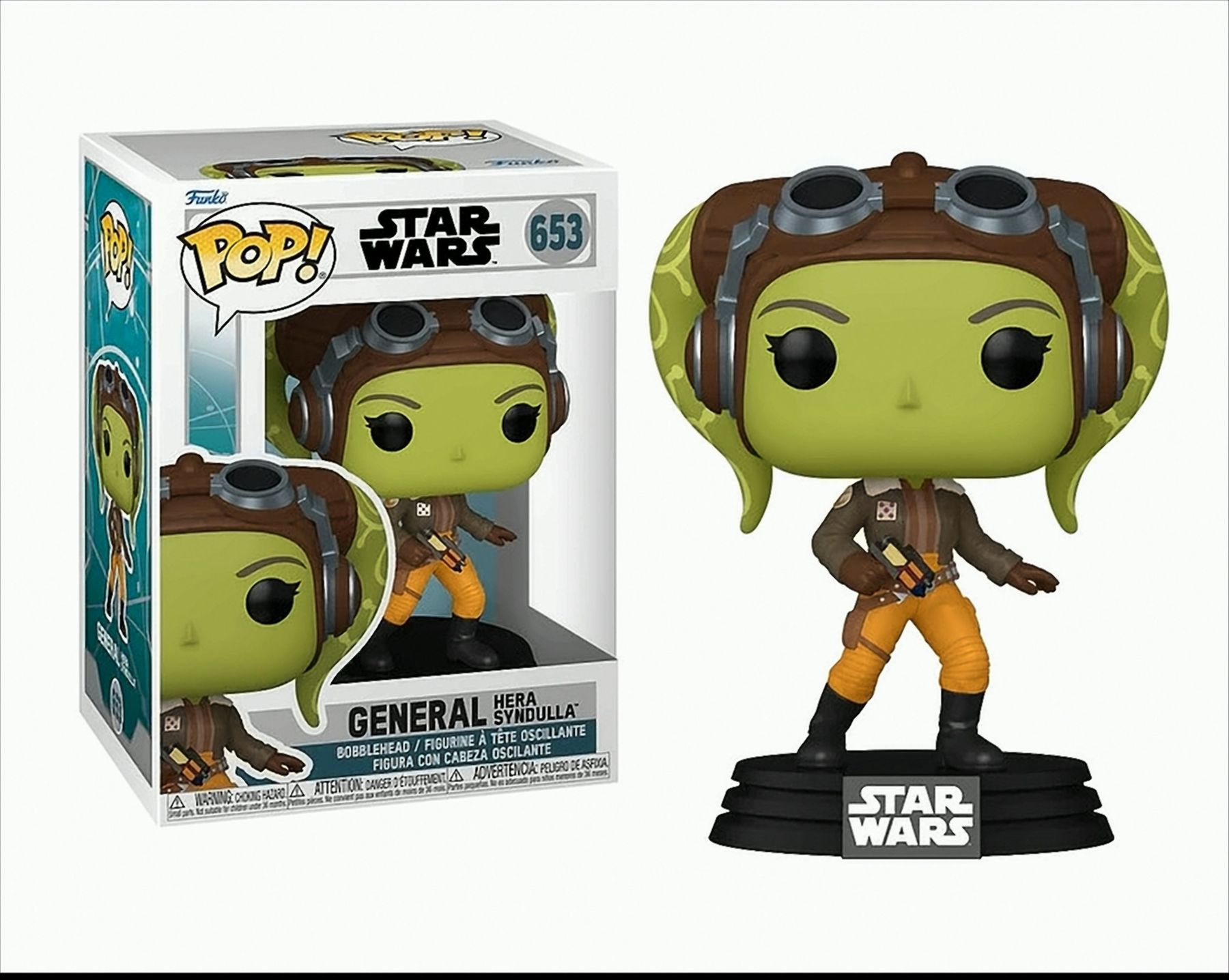 Eine Star Wars Hera Syndulla Funko Pop Figur mit Box. Die Figur ist grün und orange.