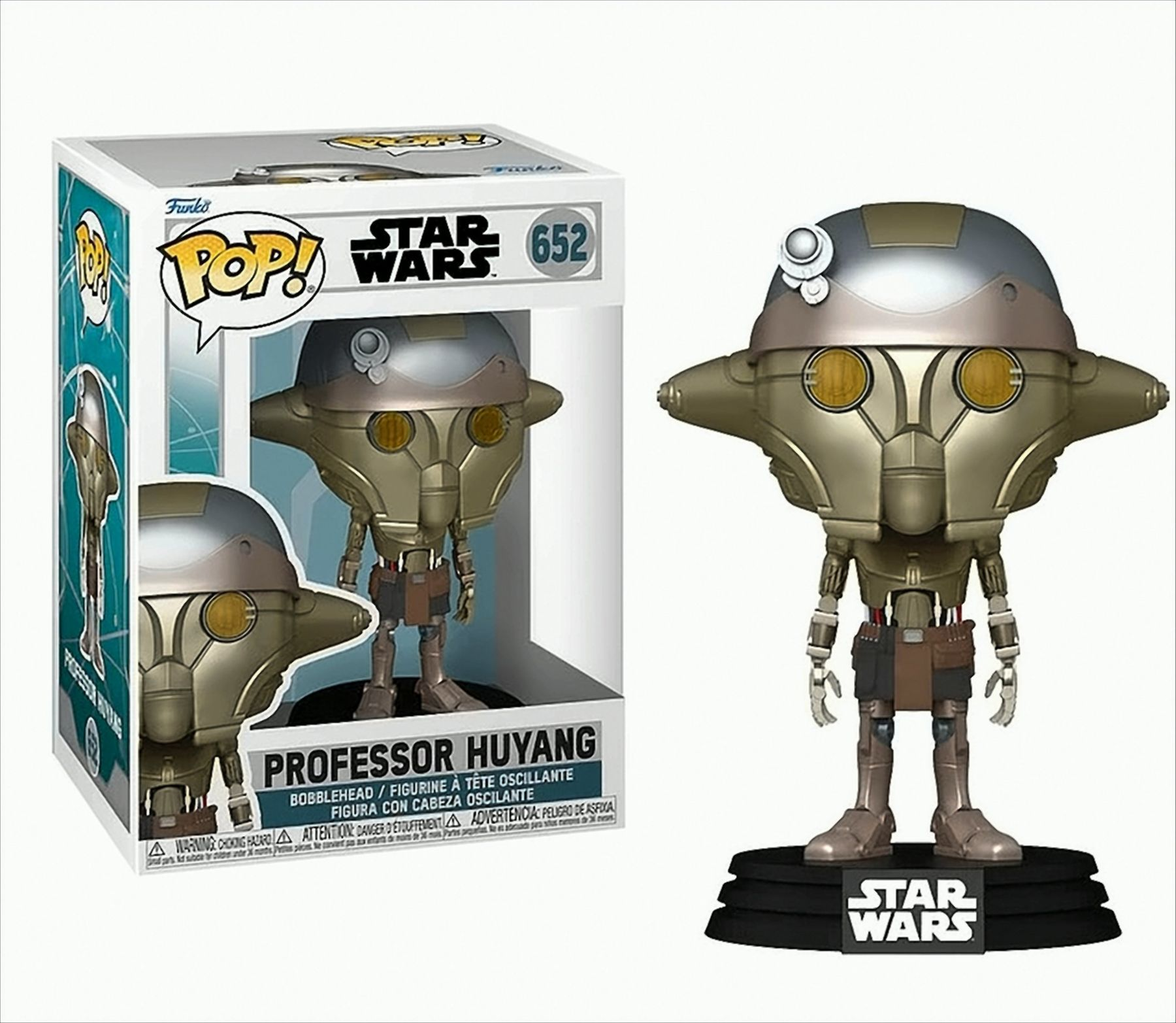 Professor Huyang Funko Pop Figur in und außerhalb der Box.