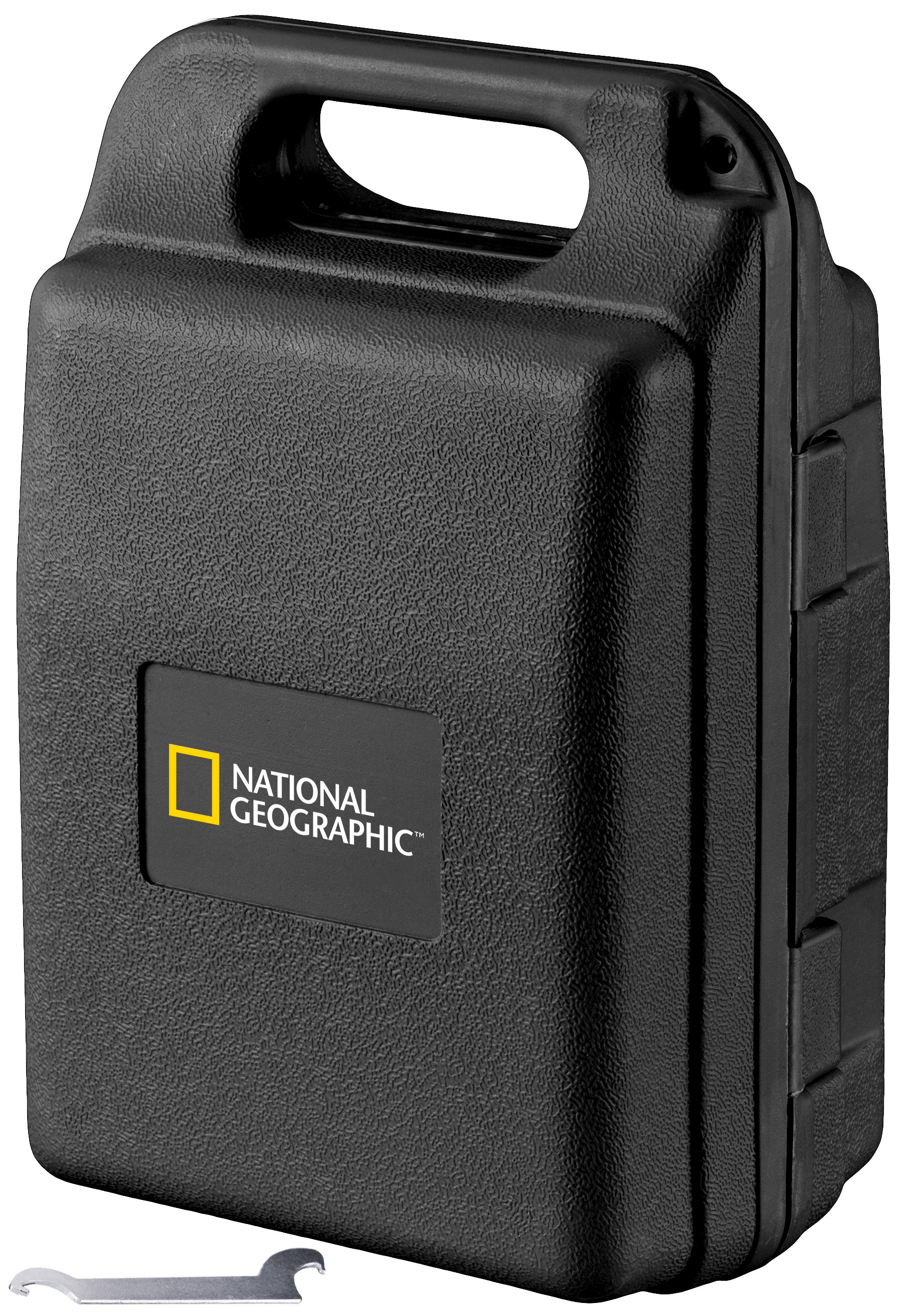 Un estuche negro rectangular con asa y el logotipo de National Geographic.