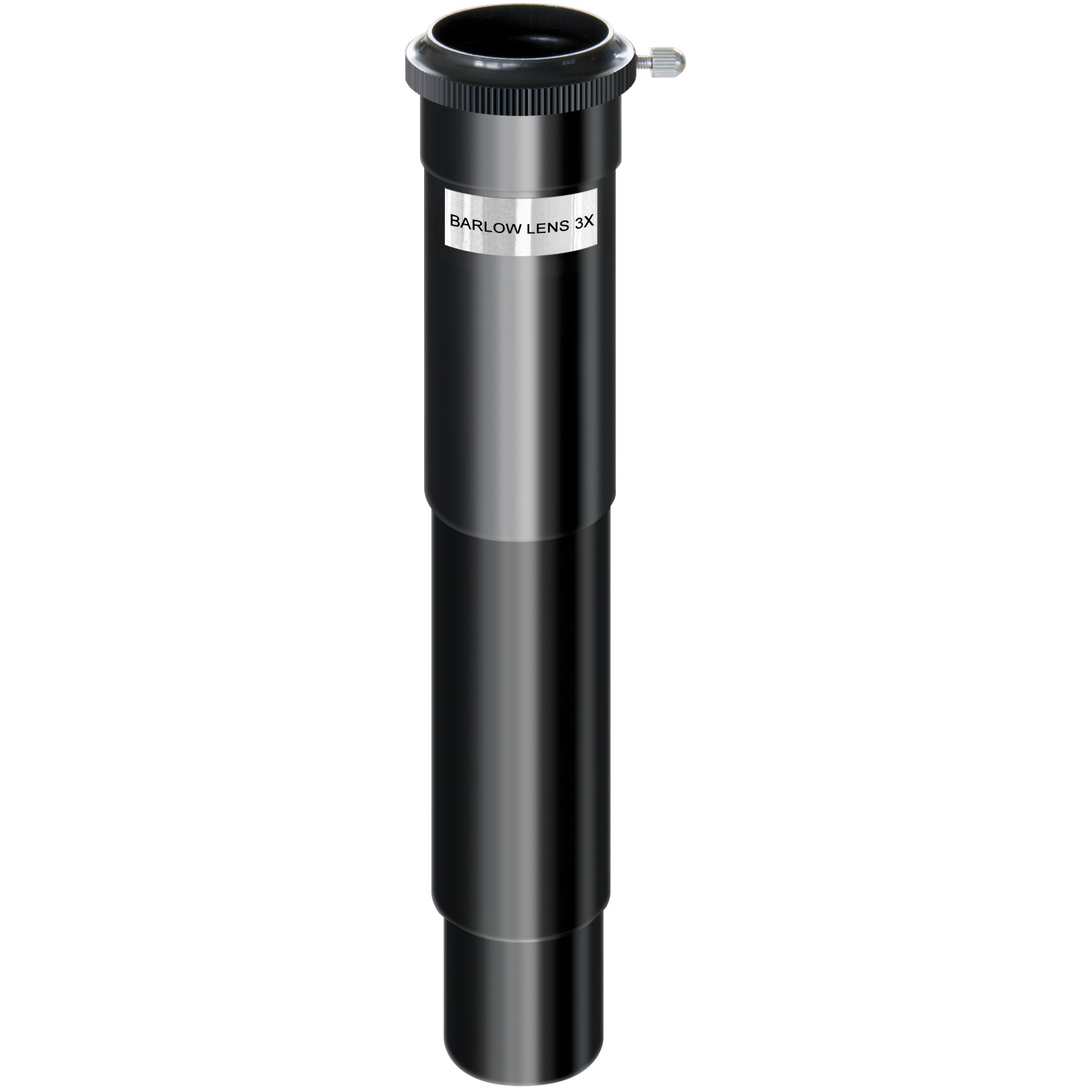 Schwarze Barlow-Linse 3X, zylindrische Form. Hat ein silbernes Etikett.