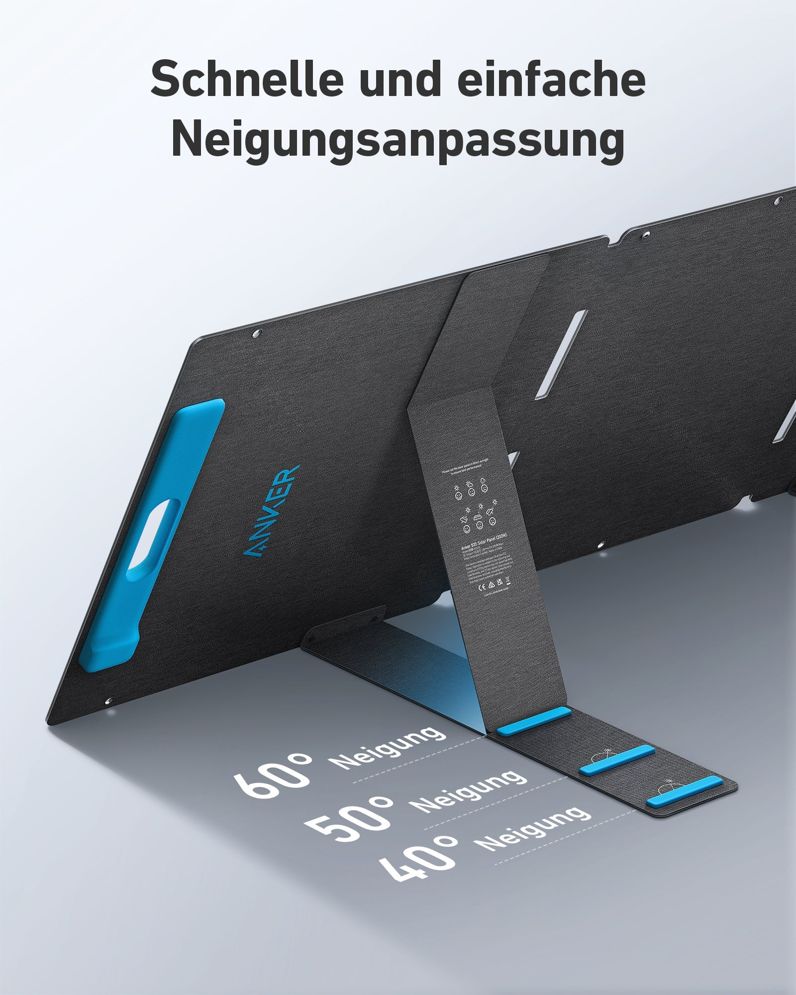 Czarny składany panel słoneczny Anker, z niebieskimi akcentami, trzy ustawienia kąta: 40°, 50°, 60°.