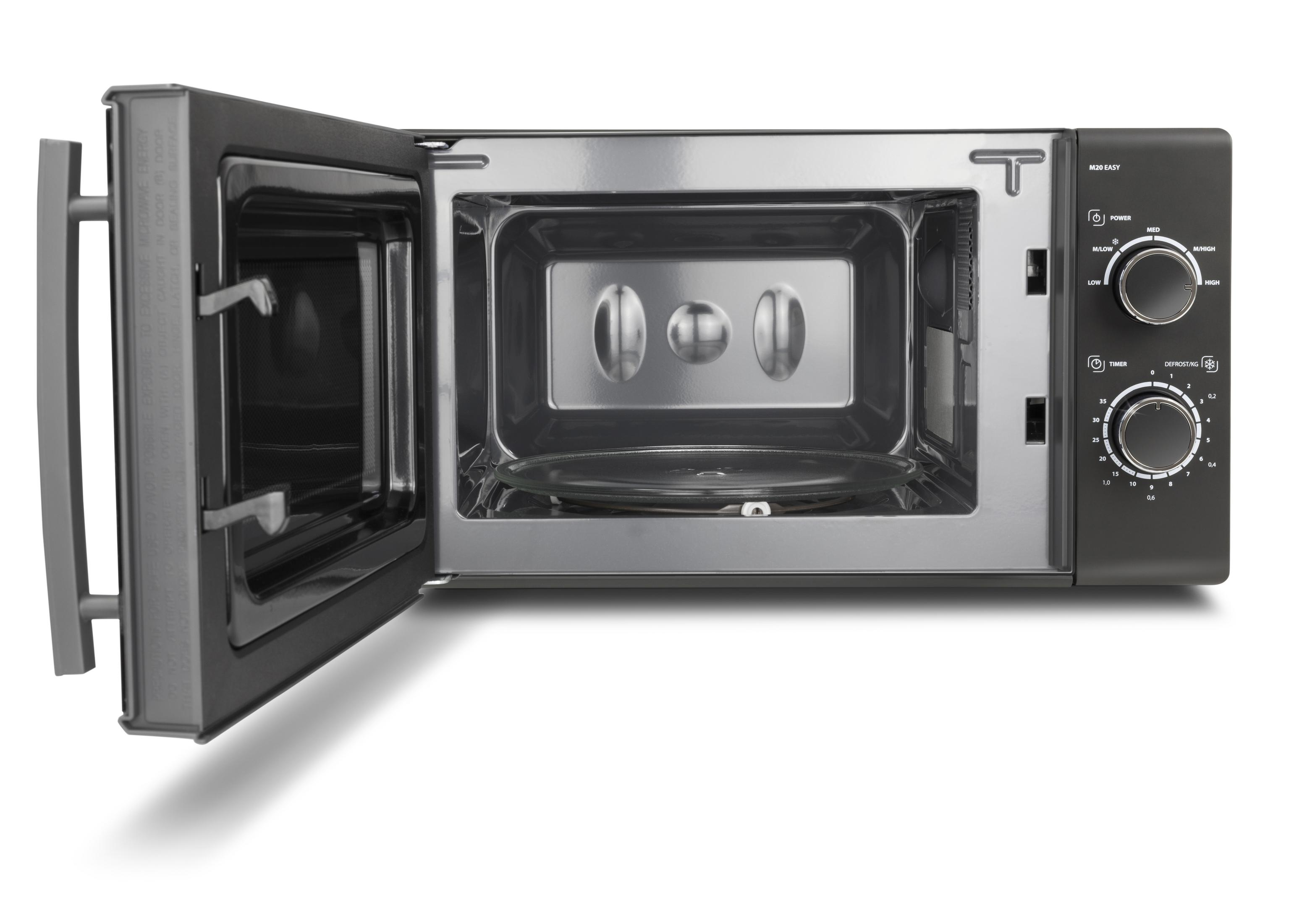 Forno a microonde con la porta aperta, che mostra l'interno e il pannello.