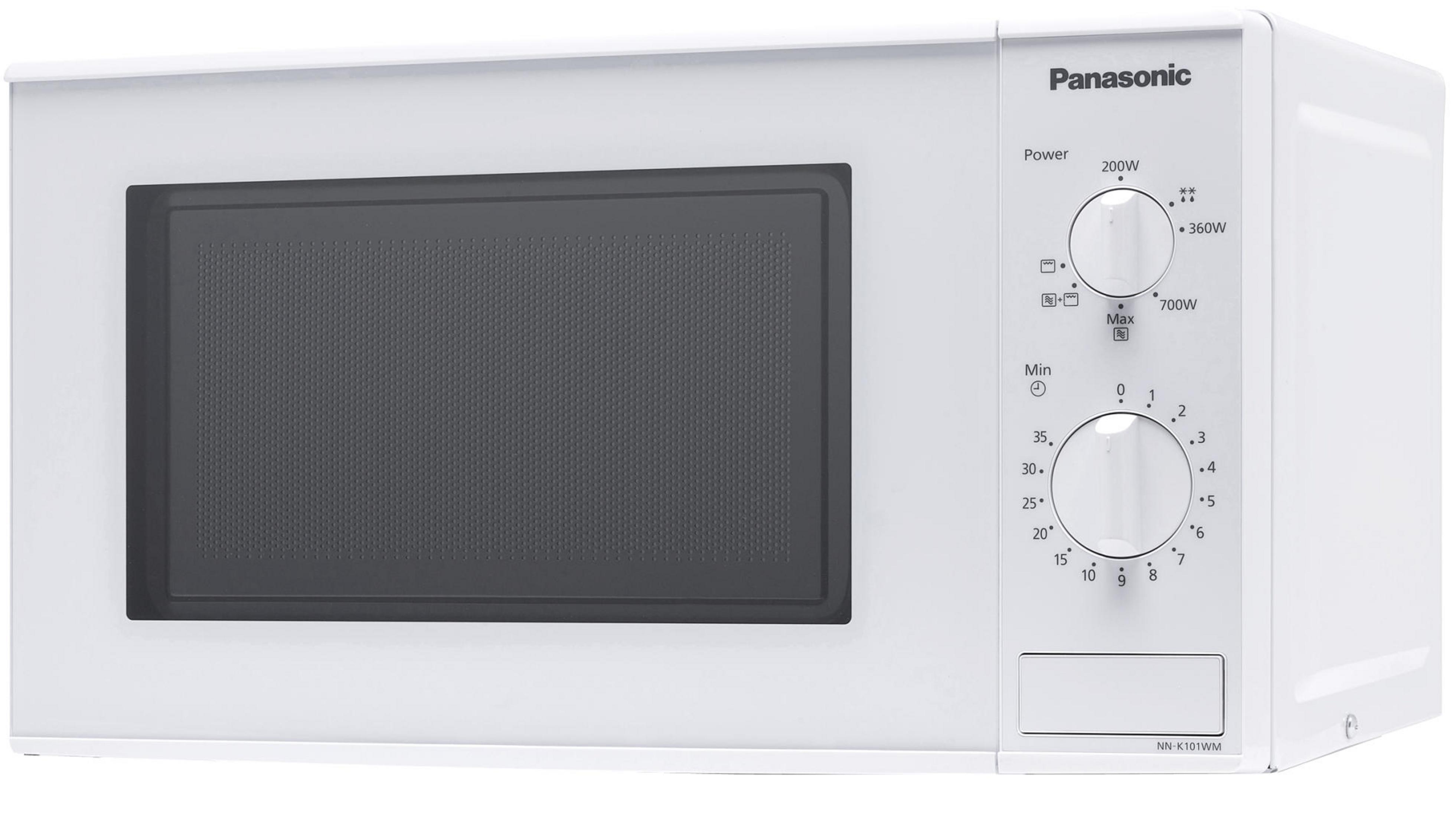 Eine weiße Panasonic Mikrowelle mit Drehreglern. Die Front hat ein dunkles Fenster und das Panasonic-Logo.