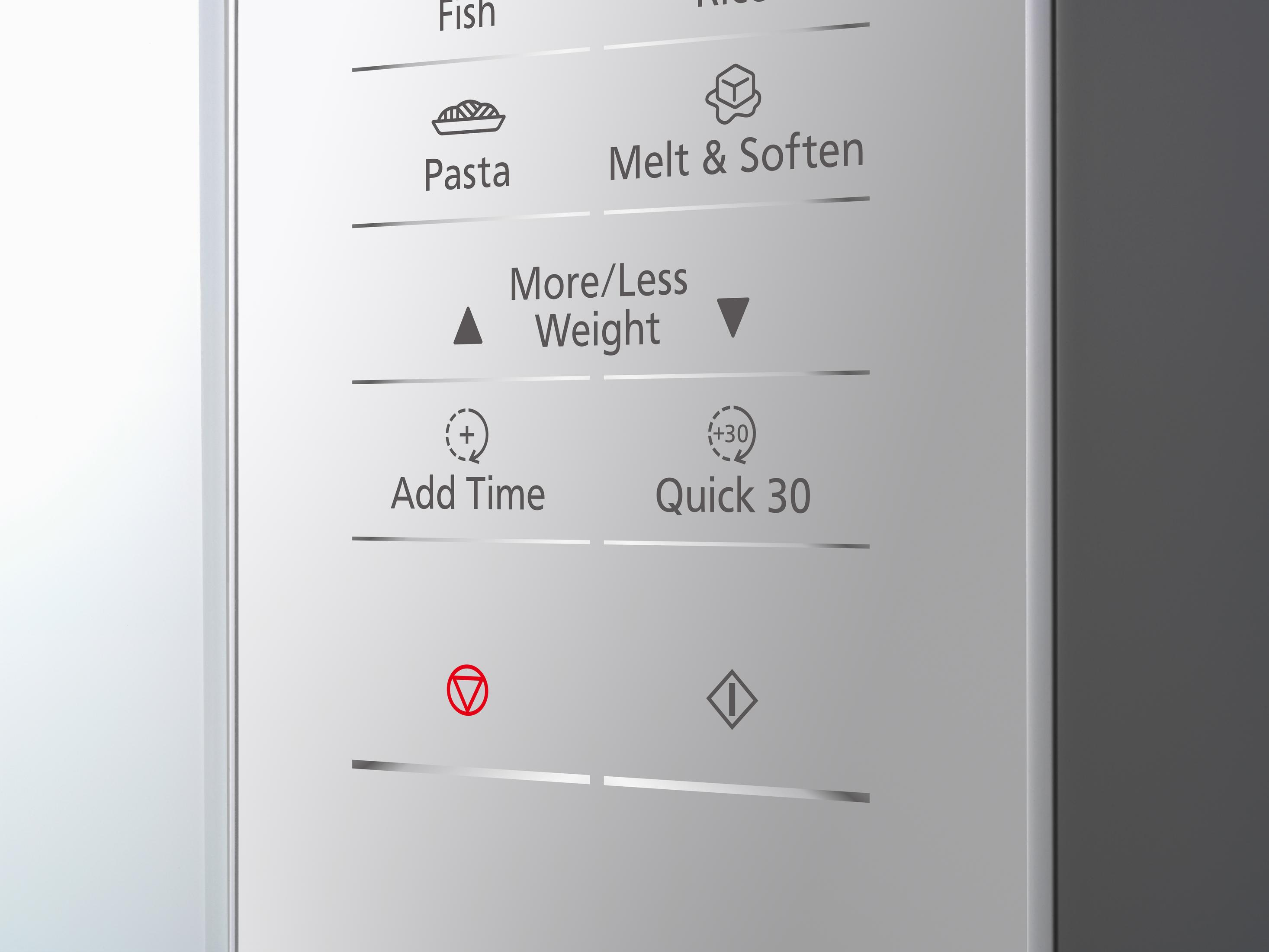 Przyciski mikrofalówki: Makaron, Rozpuść i zmiękcz, Więcej/Mniej wagi, Dodaj czas, Szybko 30. Jest strzałka w dół.