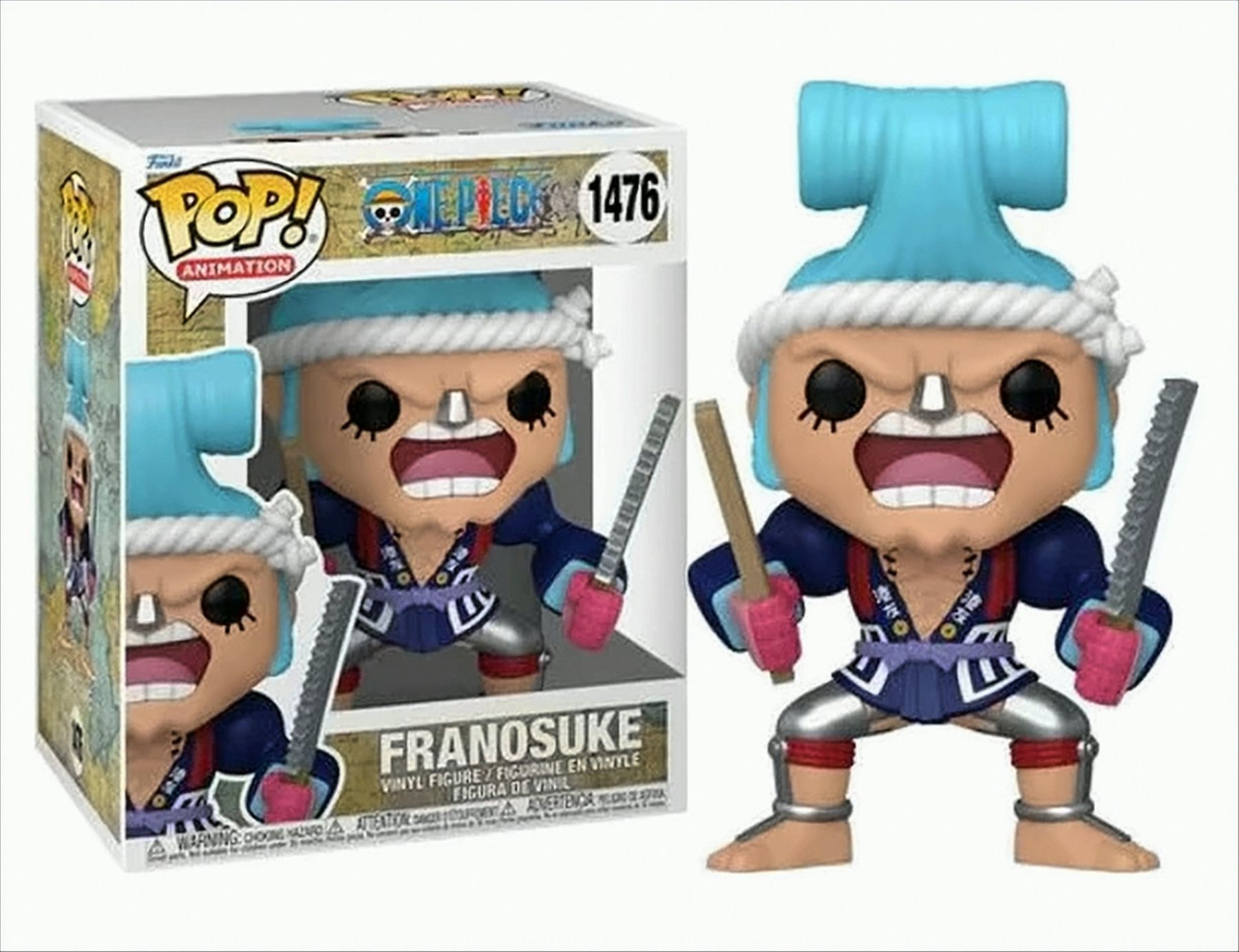 Figura Funko Pop! en caja. La figura es de un hombre de dibujos animados con espadas. Caja colorida, fondo blanco.
