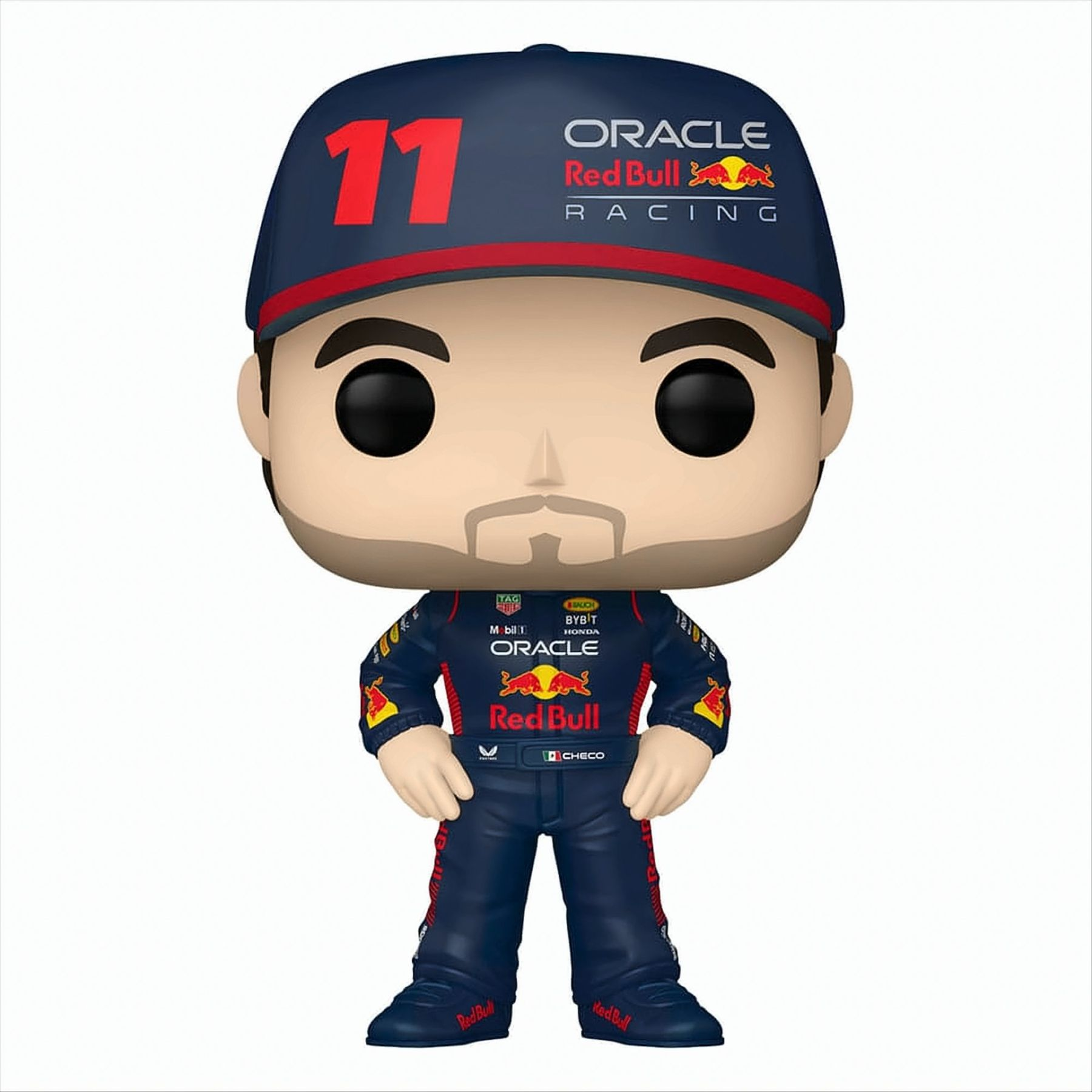 Figura Funko Pop di un uomo in tuta da corsa Red Bull con il numero 11 sul cappellino.