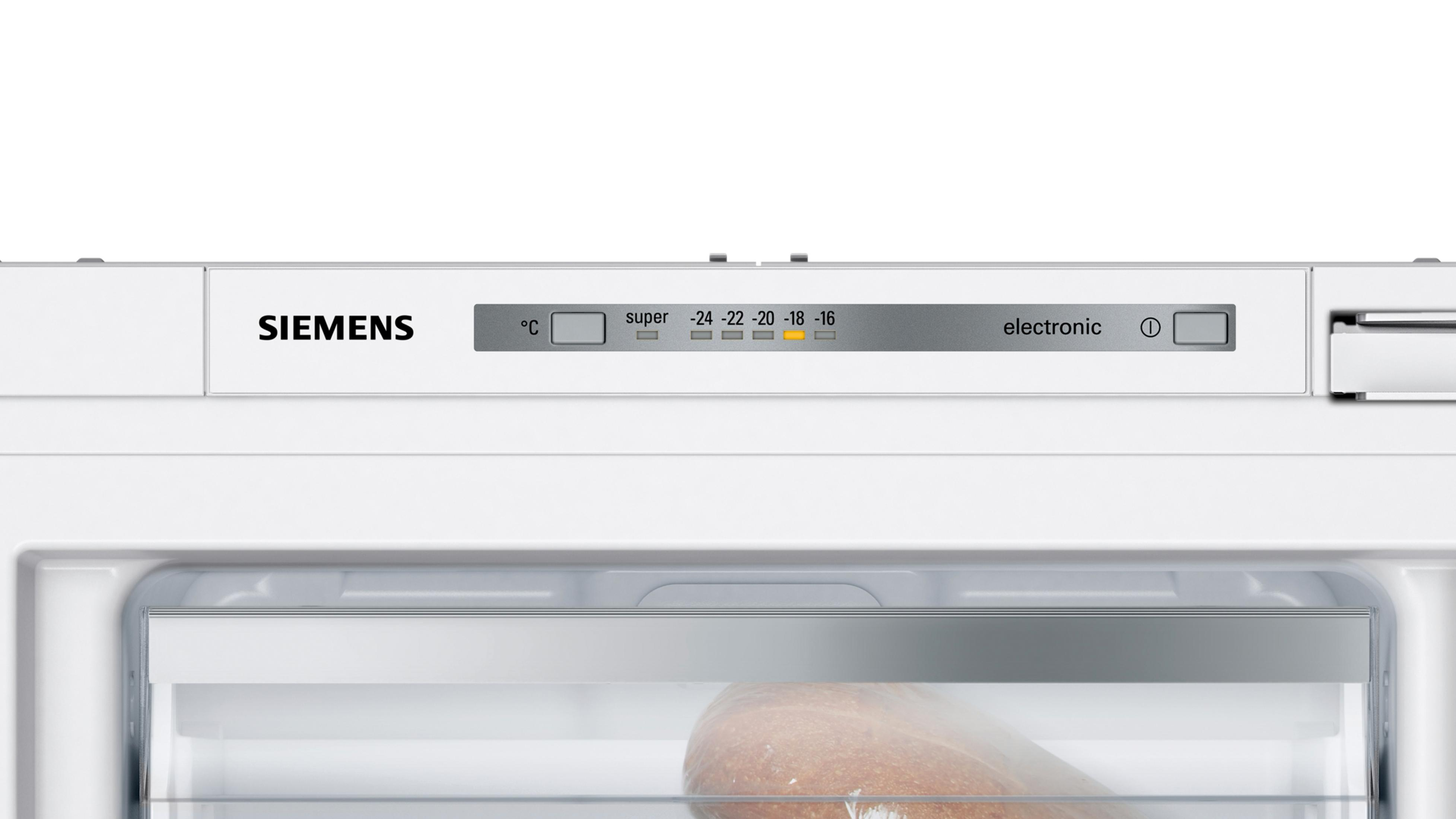 Nahaufnahme eines weißen Siemens Gefrierschrank-Bedienfelds mit Temperatureinstellungen.