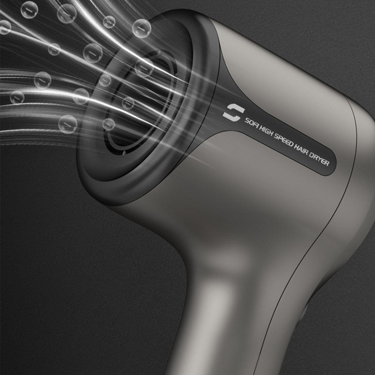Grauer Haartrockner mit Luftstromeffekt. Text: Soft High Speed Hair Dryer auf der Seite.
