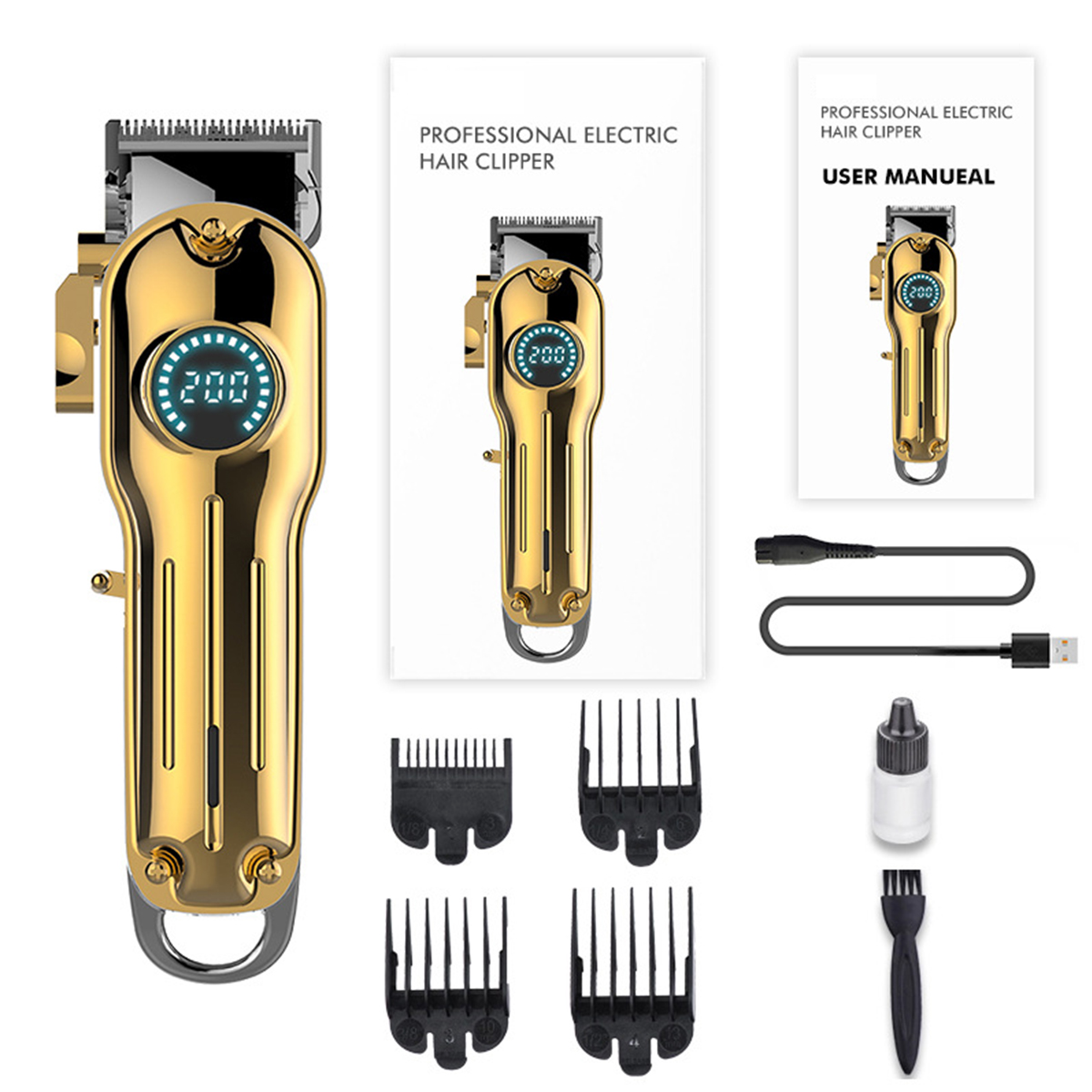 Ein goldener elektrischer Haarschneider mit Zubehör und Bedienungsanleitungen auf weißem Grund.