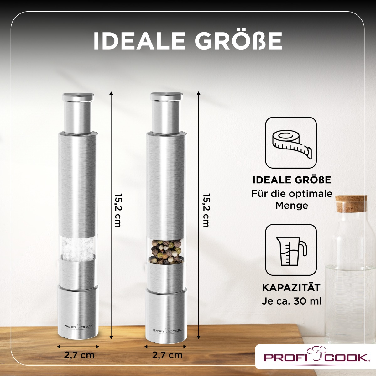 Dwa srebrne młynki do soli i pieprzu. Tekst opisuje idealny rozmiar i pojemność 30 ml.