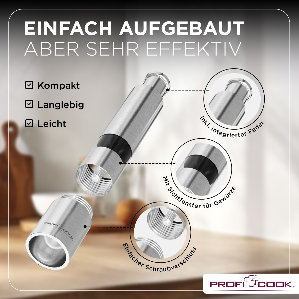 Młynek do pieprzu ze stali nierdzewnej z tekstem i ilustracjami jego części.