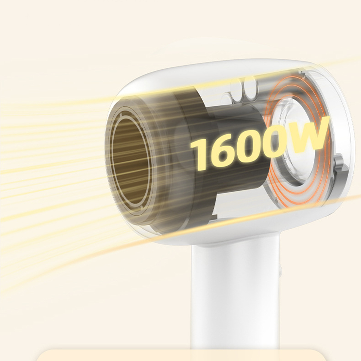 Ein Fön mit 1600W, mit sichtbarem Luftstrom.
