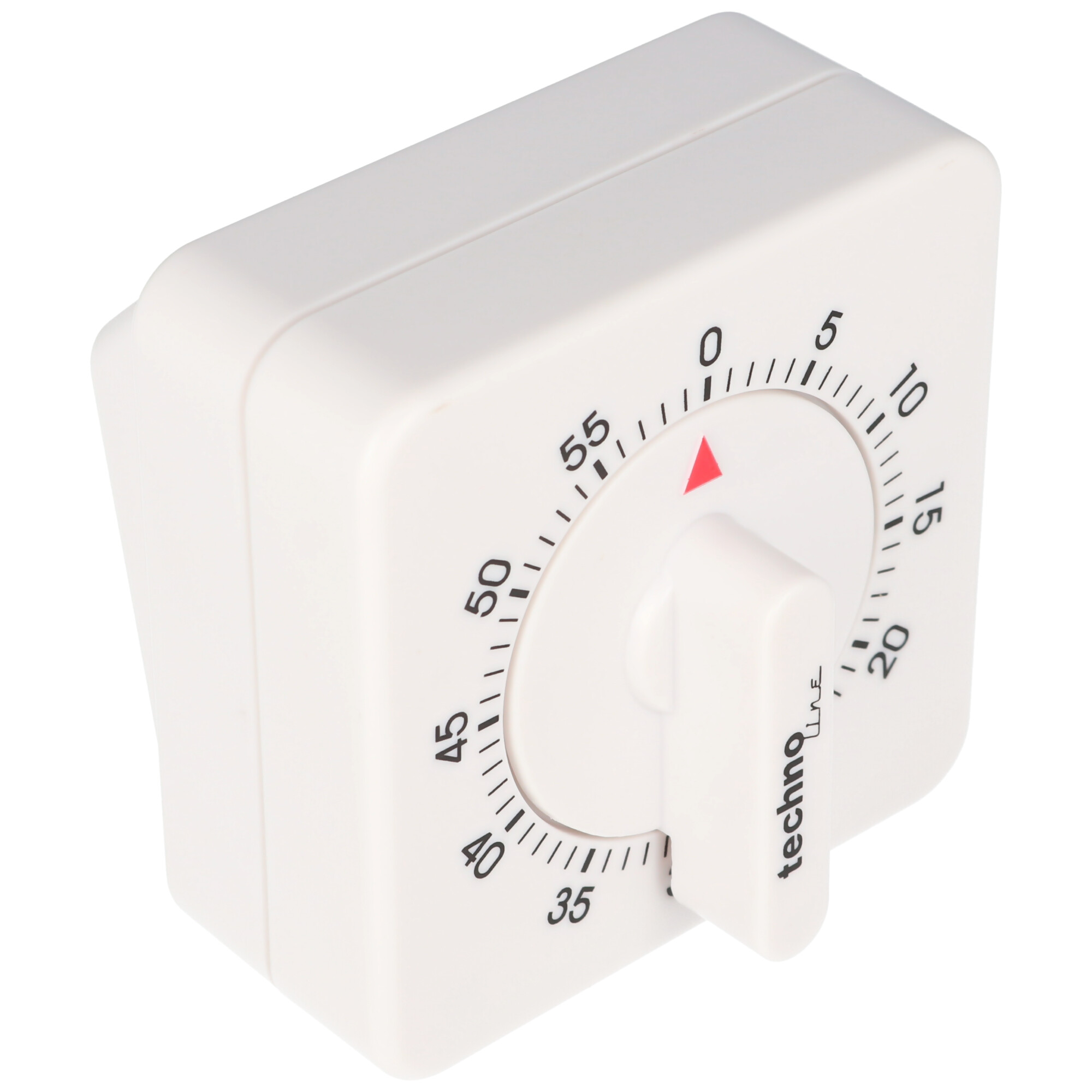 Ein weißer quadratischer Küchentimer mit Knopf. Zahlen und Techno Line Logo sind sichtbar.