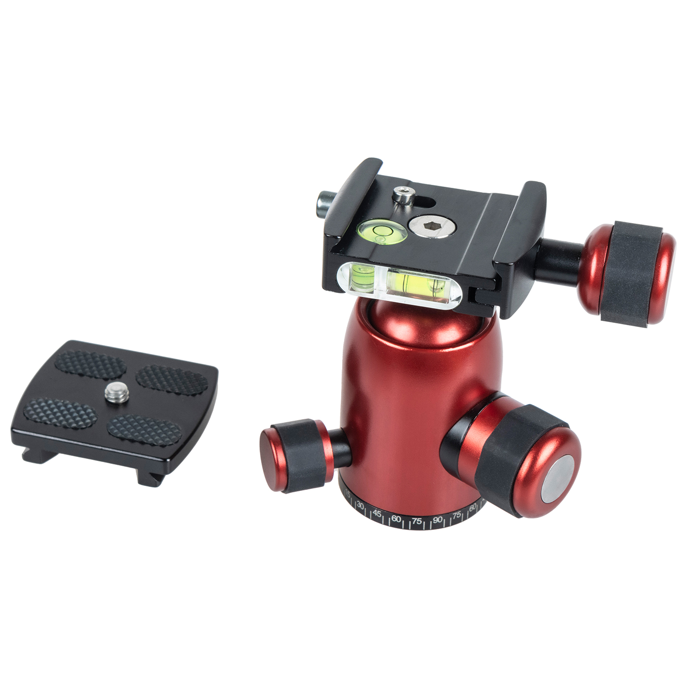 Roter Stativkopf mit Wasserwaage und separater schwarzer Platte, bezeichnet JUSINO BS-08. Weißer Hintergrund.