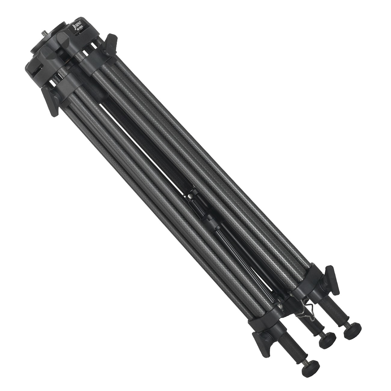 Schwarzes Stativ, ausgezogen, mit Carbonfasermuster.
