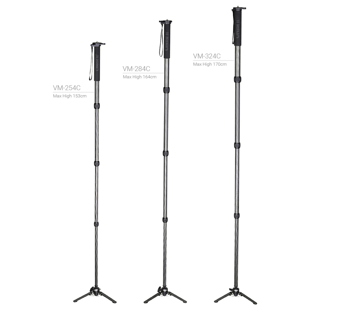 Drei schwarze Stative mit unterschiedlichen Höhen. Modelle VM-254C, VM-284C und VM-324C. Haben Griffe und Beine.