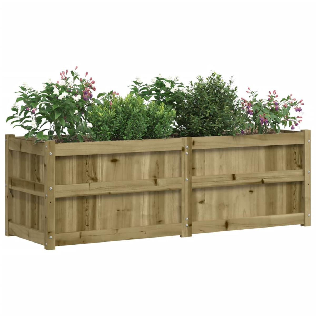 Gartenpflanzer aus Holz mit Pflanzen. Weißer Hintergrund.