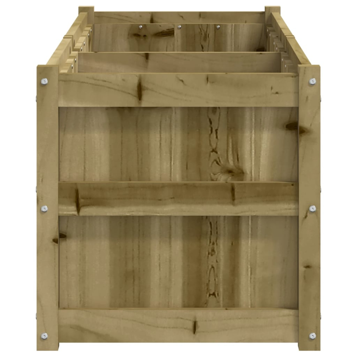Eine hölzerne Pflanzkasten mit horizontalen Holzplanken. Die Kiste ist leer.