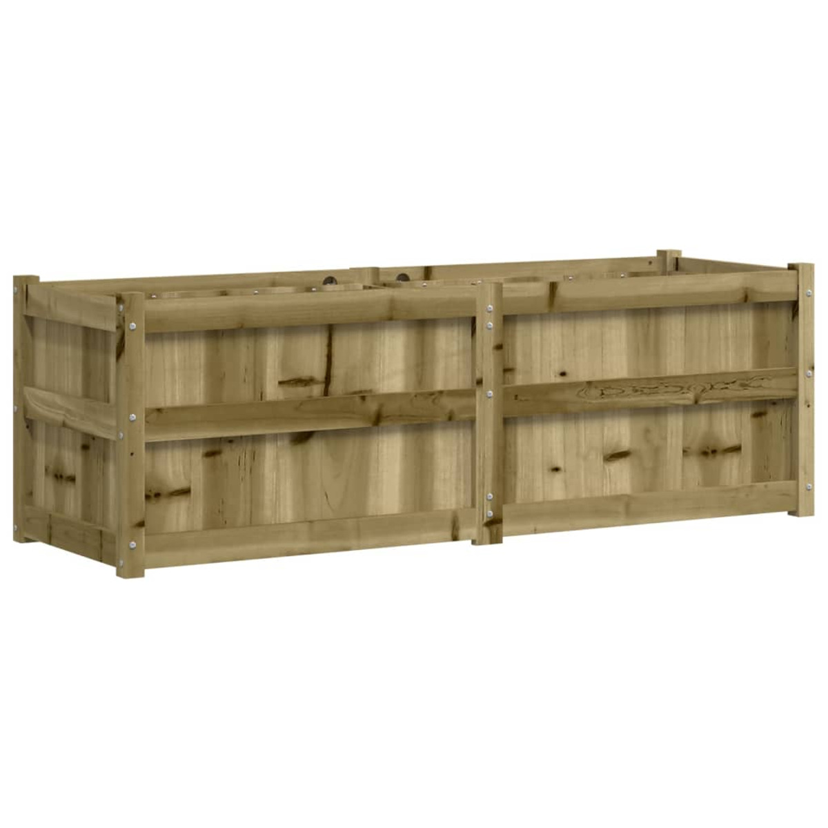 Rechteckiger Pflanzkasten aus Holz. Die Box hat Holzlatten. Es ist hellbraun gefärbt.