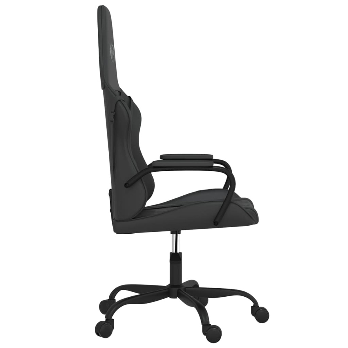 Schwarzer Gaming-Stuhl mit hohem Rücken, Armlehnen und Sternfuß mit Rädern.
