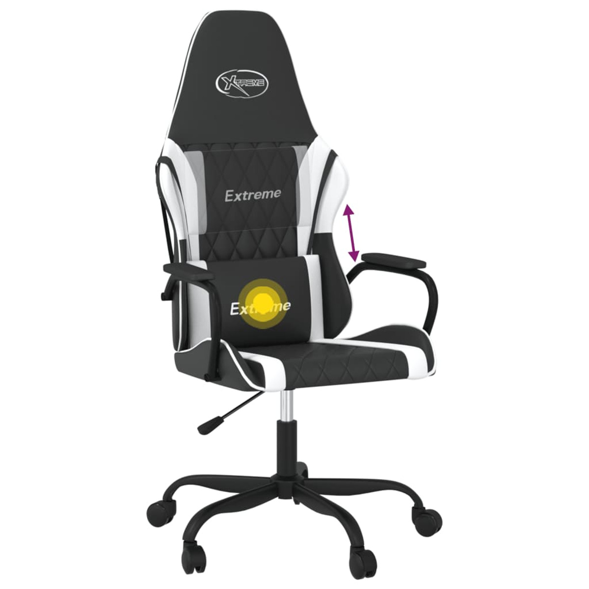 Schwarz-weißer Gaming-Stuhl. Verstellbare Armlehnen und Kopfstütze mit Extreme-Logo.