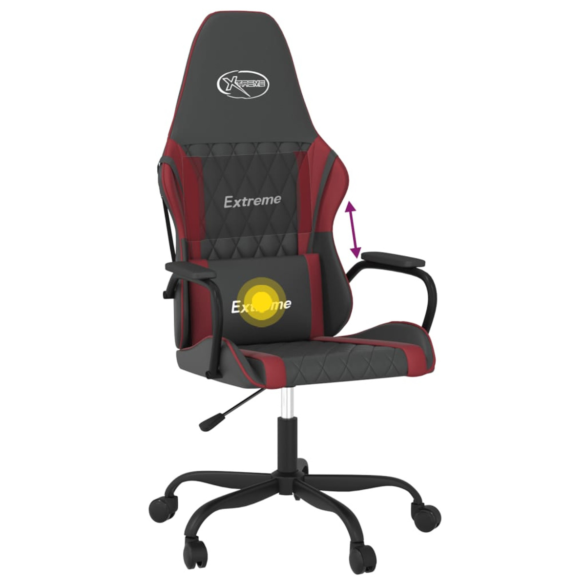 Gaming-Stuhl in Rot und Schwarz, mit Kopfstütze, Lendenkissen, Armlehnen und Rollen. Höhenverstellbar.