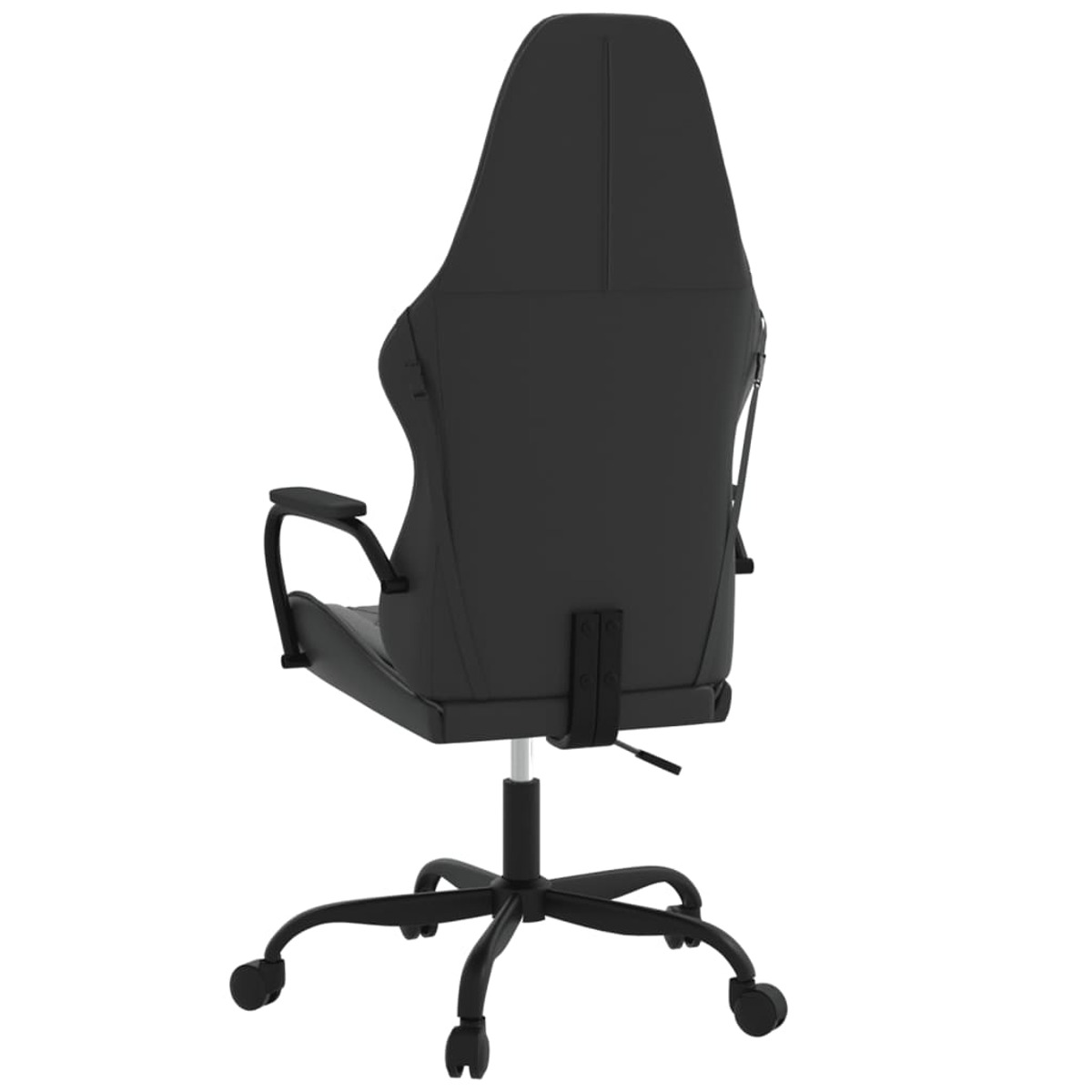Schwarzer Gaming-Stuhl von hinten, zeigt Kopfstütze, Rückenlehne, Armlehnen und Rollfuß.