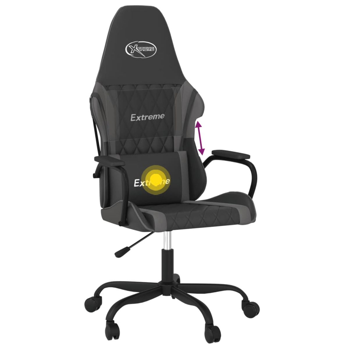 Schwarzer und grauer Gaming-Stuhl mit Kopfstütze und Lendenwirbelstütze. Hat Räder, Pfeil zeigt höhenverstellbar.