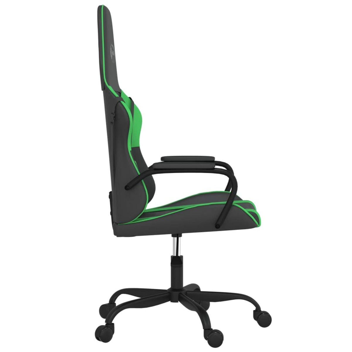 Gaming-Stuhl, schwarz mit grünen Zierleisten, Seitenansicht, auf weißem Hintergrund.