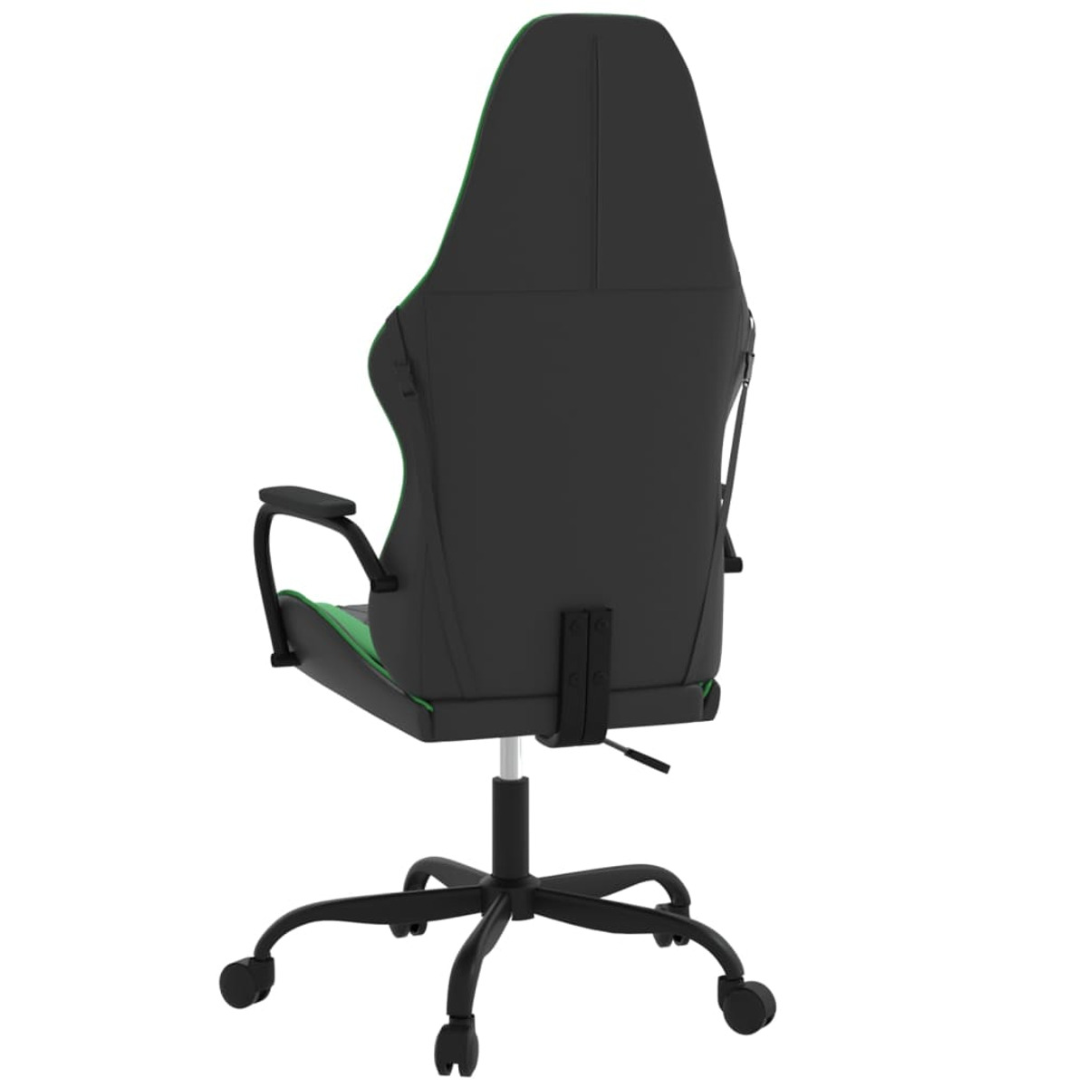 Gaming-Stuhl mit schwarzen und grünen Akzenten. Der Rücken ist hoch, mit grünem Streifen.