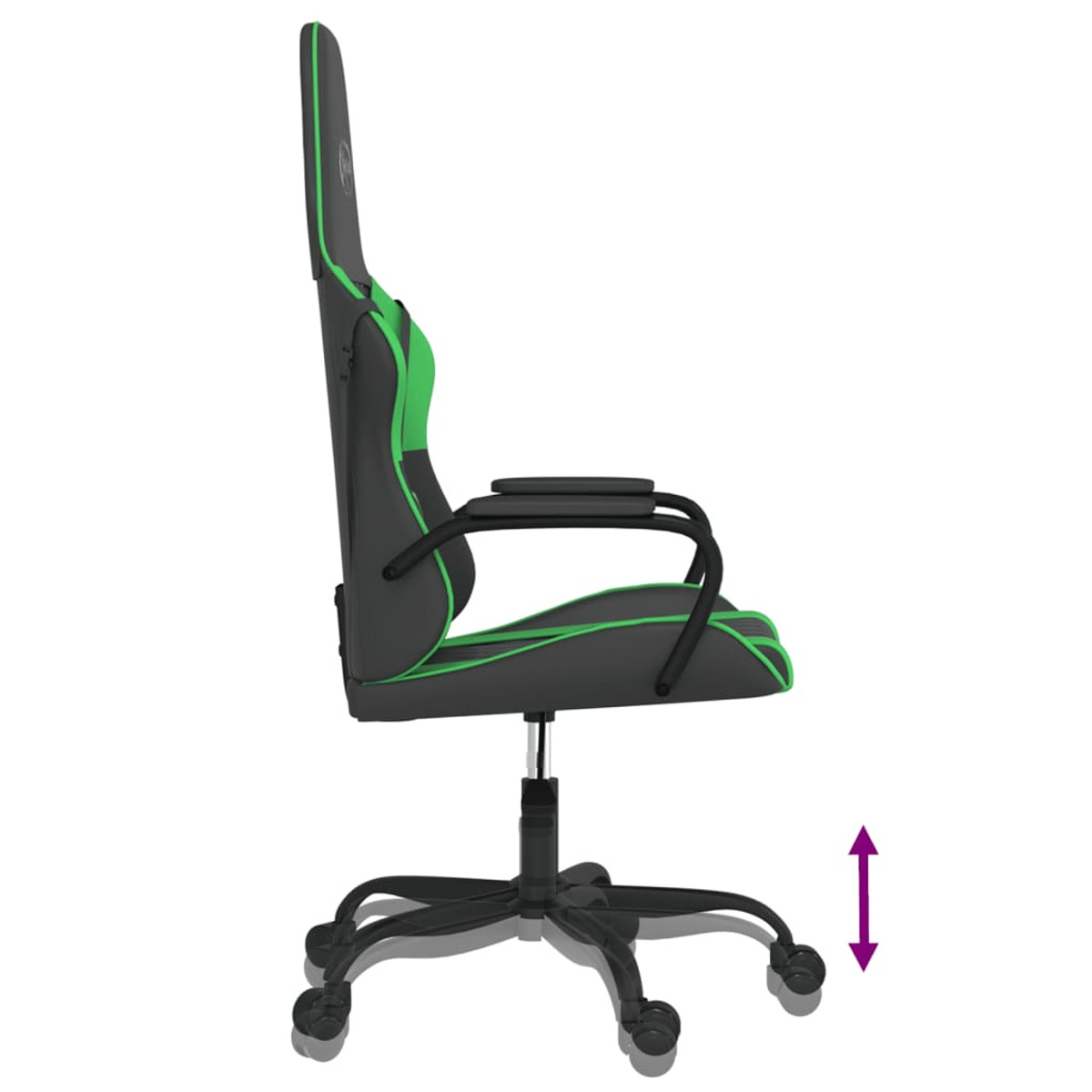 Seitenansicht eines schwarz-grünen Gaming-Stuhls mit Höhenverstellanzeige.